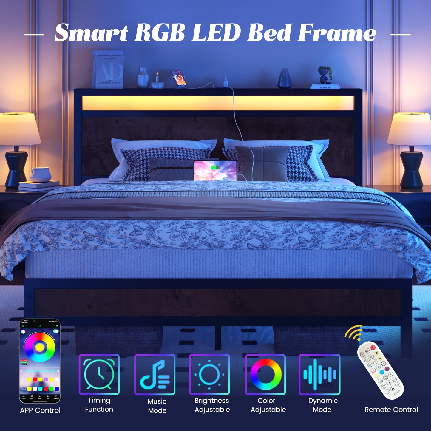 Queen Bed Frame with Headboard & Footboard, Bed Frame with Built-in Charging Station & LED Light, Storage Shelf, Noise-Free, No Box Spring Needed, Easy Assembly, Coffee Brown