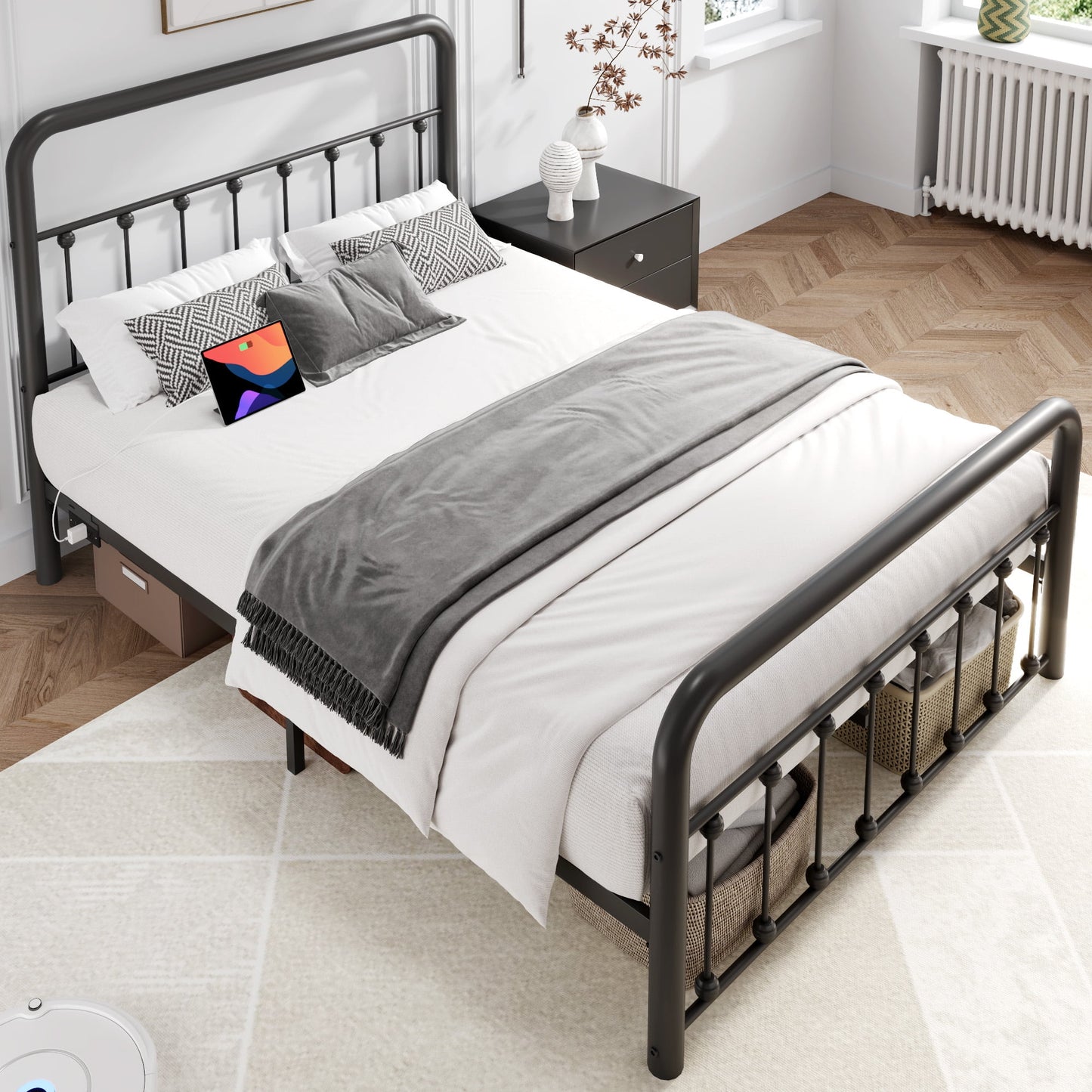 Lifezone Full Bed Frame, Classic Metal Platform Bed Frame, with Charging Station and LED, No Need for Springs, Black