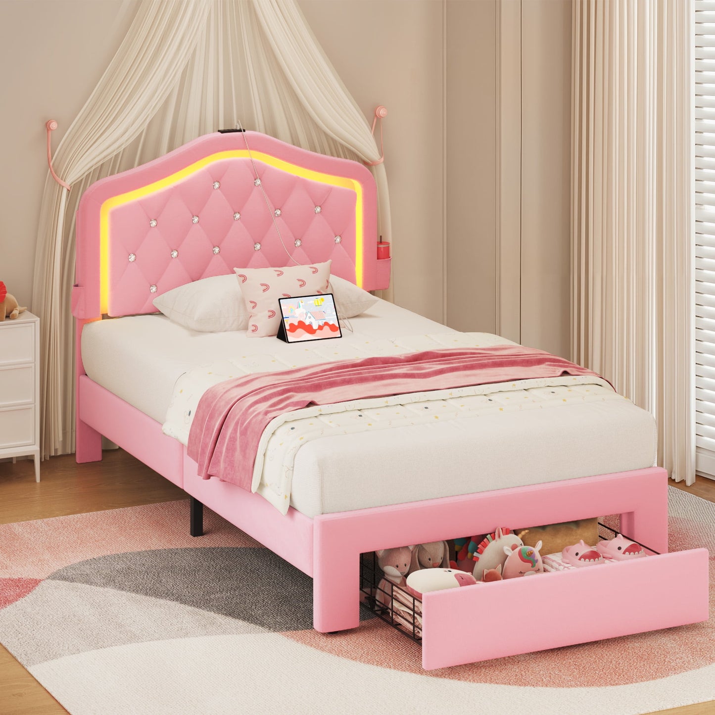 Fluest Tufted Diamond Twin Bed Frame, Pink Upholstered Headboard, USB Port, LED Light & Underbed Storage Drawer