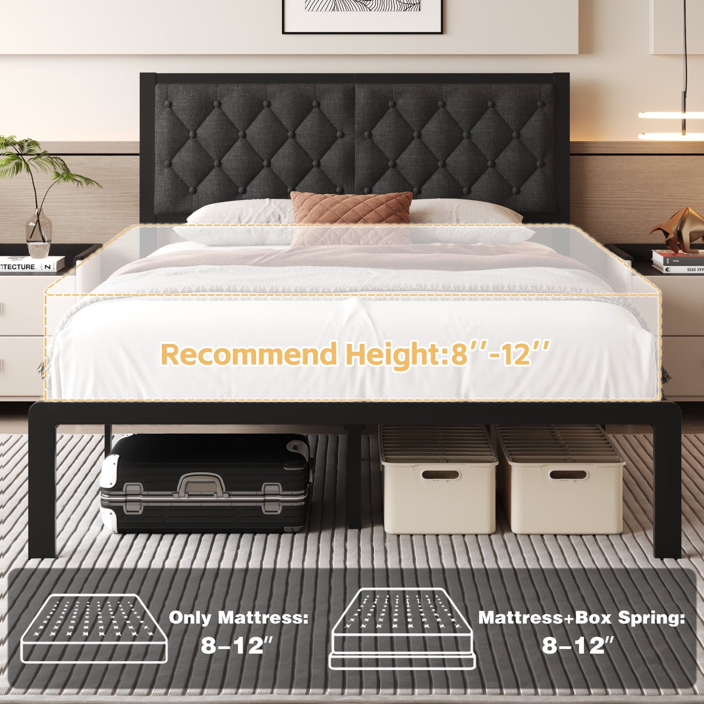 Lifezone Queen Bed Frame with Linen Upholstered Headboard, Metal Support, No Box Spring Needed, Grey