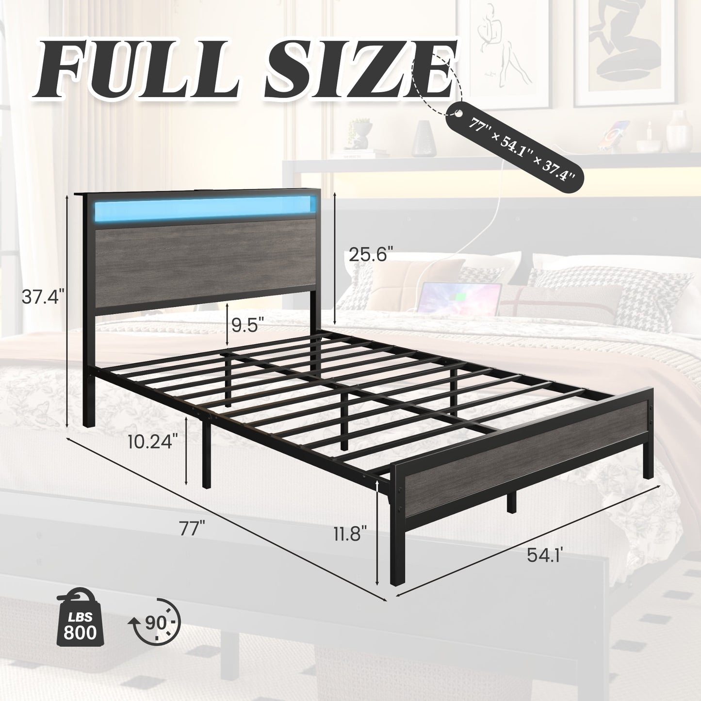 Full Bed Frame with Storage Headboard & Storage Drawer, Charging Station & LED Light, No Box Spring Needed, Noise Free, Easy Assembly, Gray