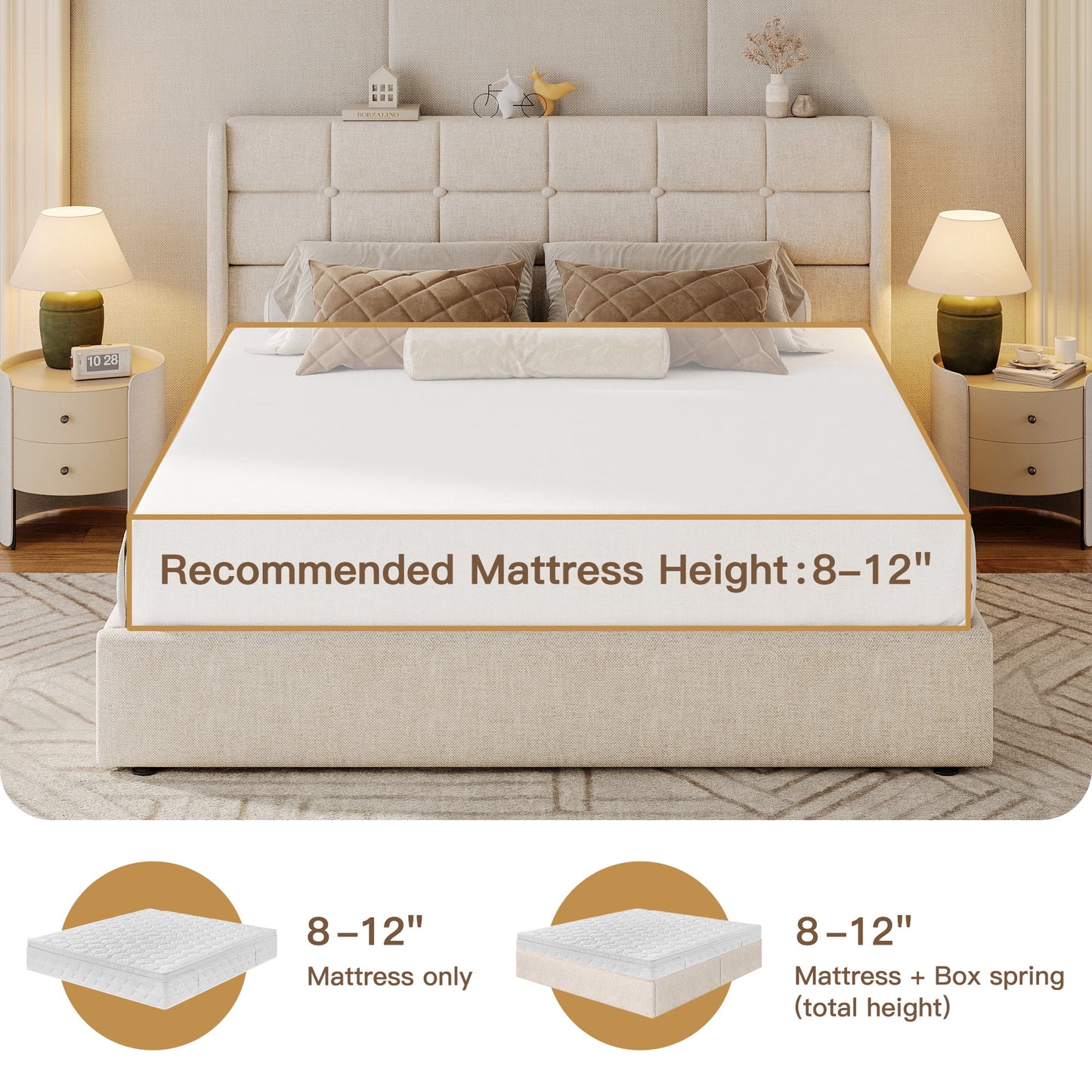 Lifezone Queen Size Upholstered Storage Bed Frame, Linen Button Tufted Wingback Headboard, Hydraulic Lift‑Up Under‑Bed Storage, Warm Beige