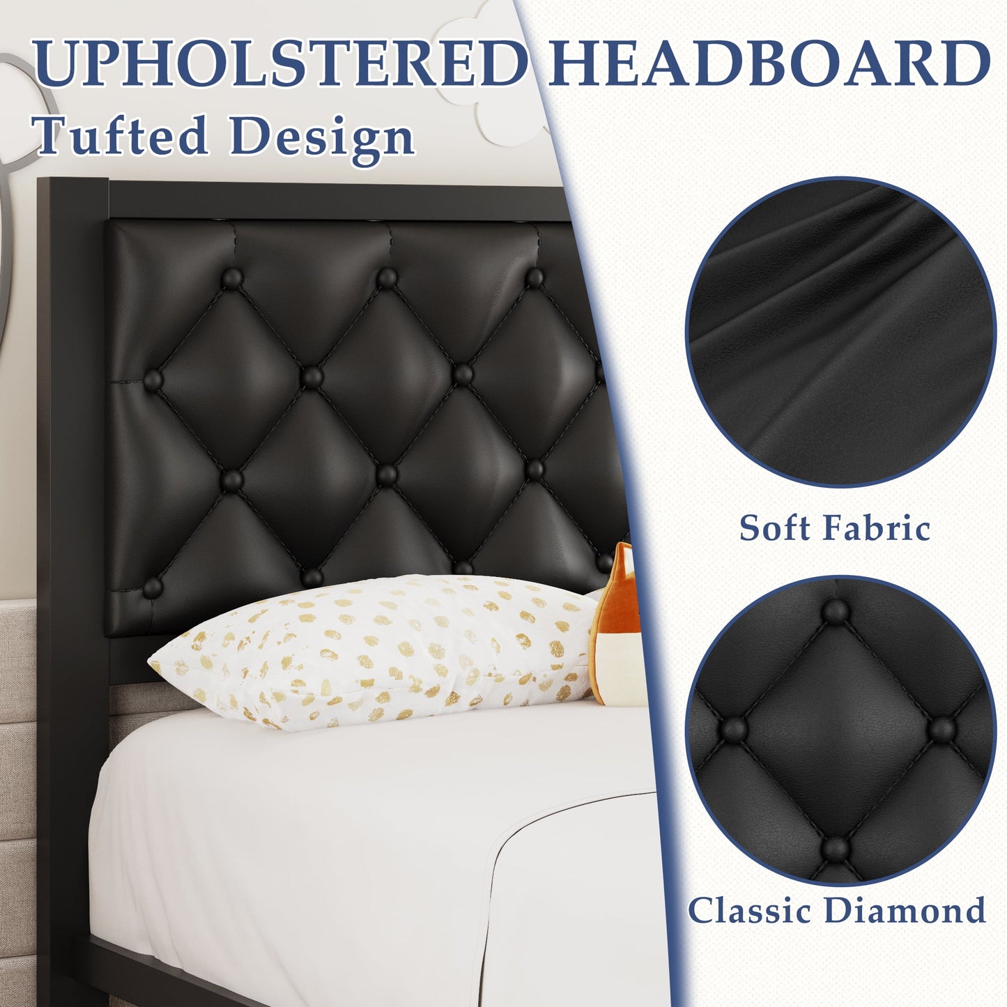 Lifezone Twin Bed Frame with Upholstered Headboard, Metal Support, No Box Spring Needed,Black