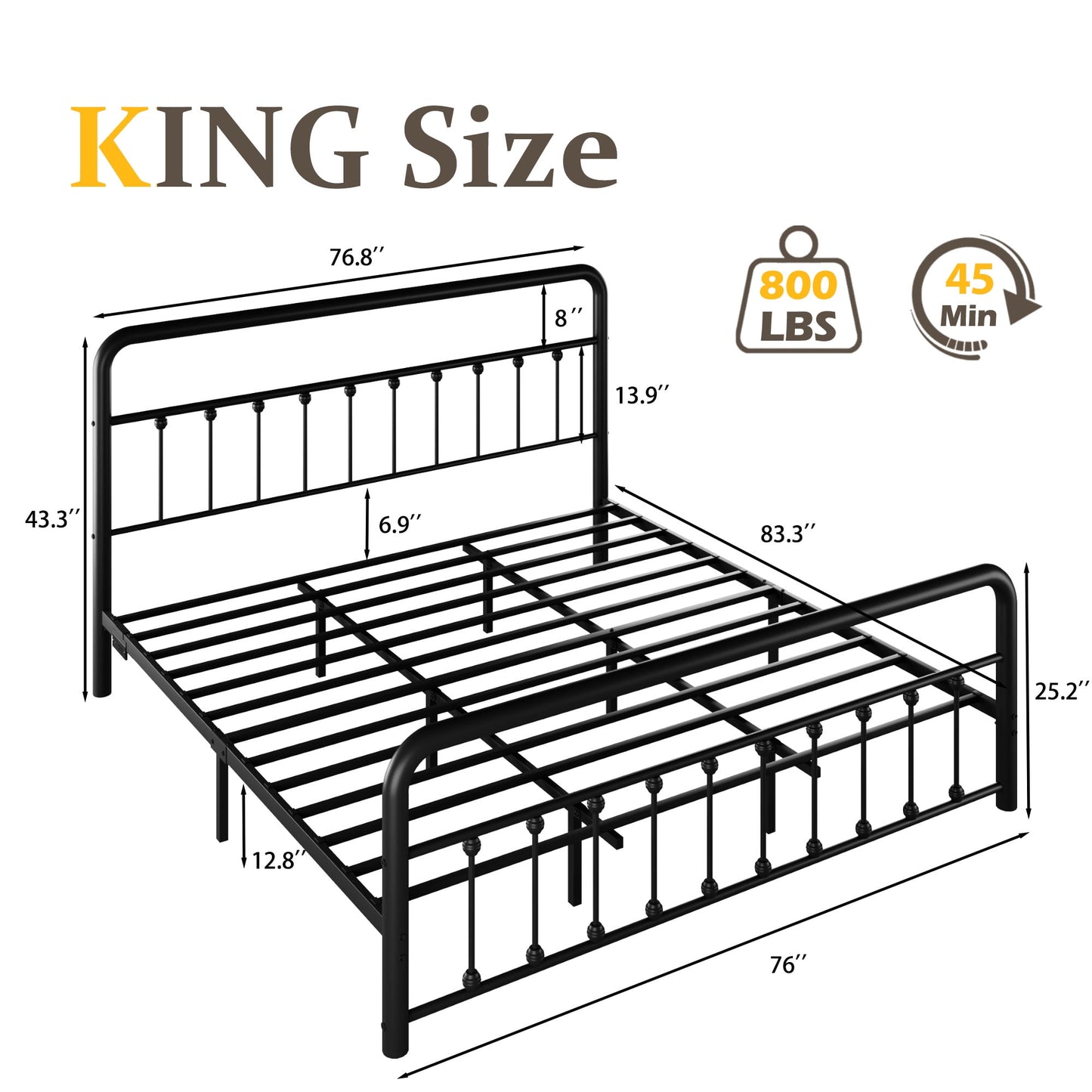 Lifezone Classic Metal Platform Bed Frame, King, with USB Port & LED