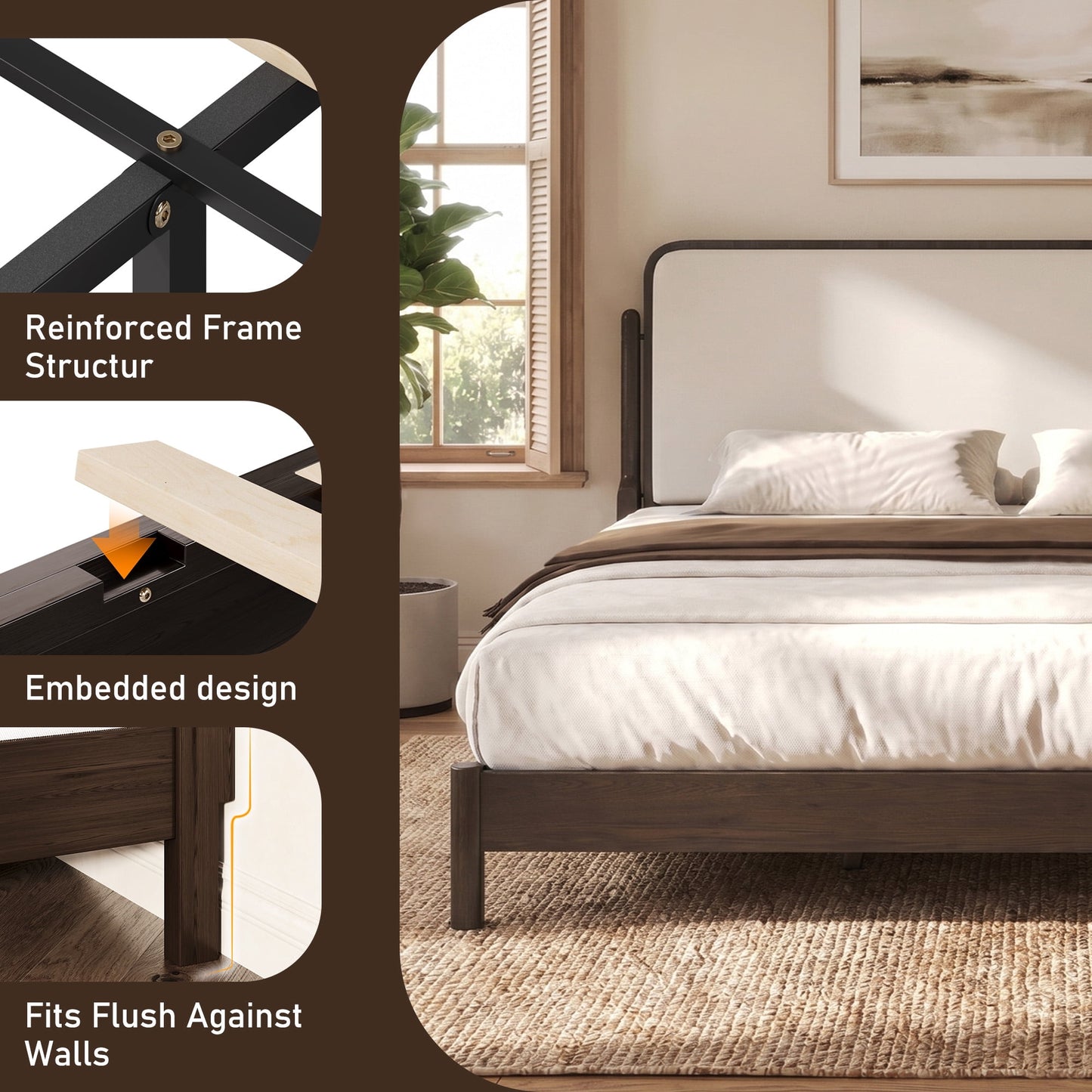 Lifezone Queen Size Solid Wood Bed Frame with Upholstered Headboard, No Box Spring Needed, Easy Assembly, Brown