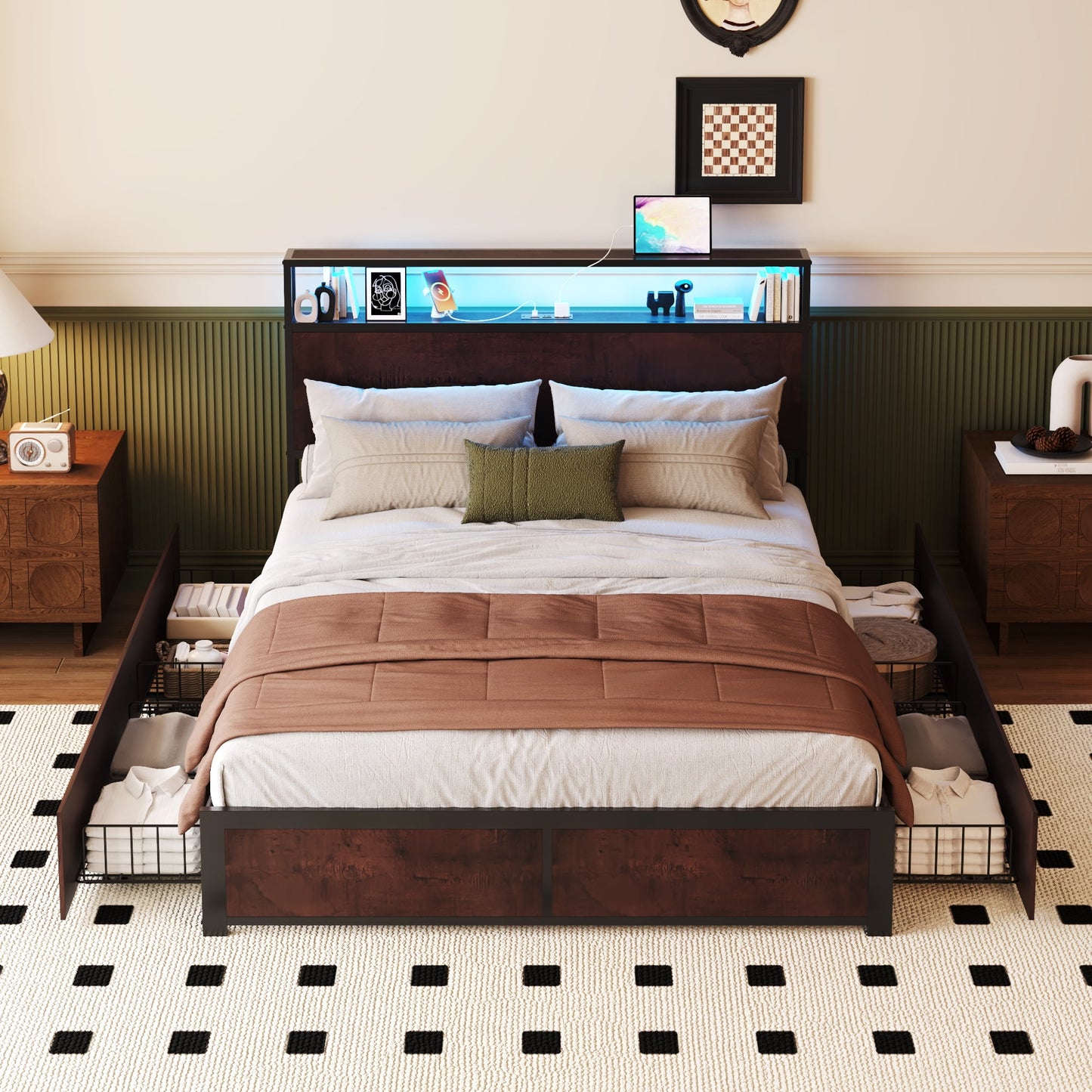 Lifezone Full Size Bed Frame with 2-Tier Bookcase Headboard Platform Bed with Charging Station & LED, 4 Storage Drawers, Metal Support, No Box Spring Needed, Noise Free, Brown