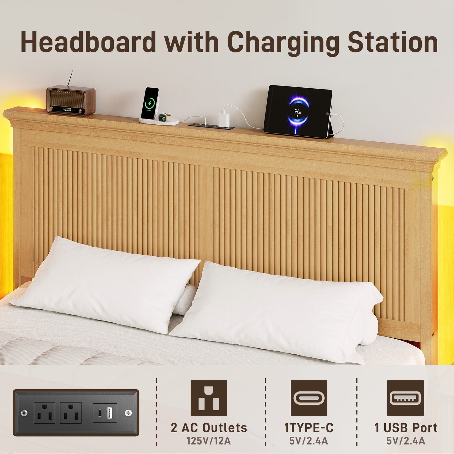 Lifezone Solid Wood Queen Platform Bed, Tall Headboard with Built-in RGB LED and Charging Station, Wood Slat Support, Noise-Free Natural Finish
