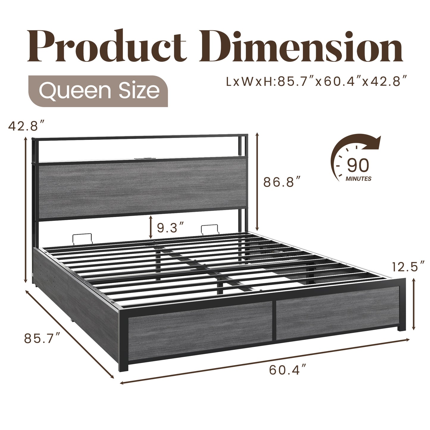 Lifezone Queen Size Lift Up Storage Bed Frame with 2-Tier Storage Headboard, Metal Platform Bed Frame with Charging Station & LED Light, Hydraulic Support, No Box Spring Needed/Noise Free, Rustic Grey