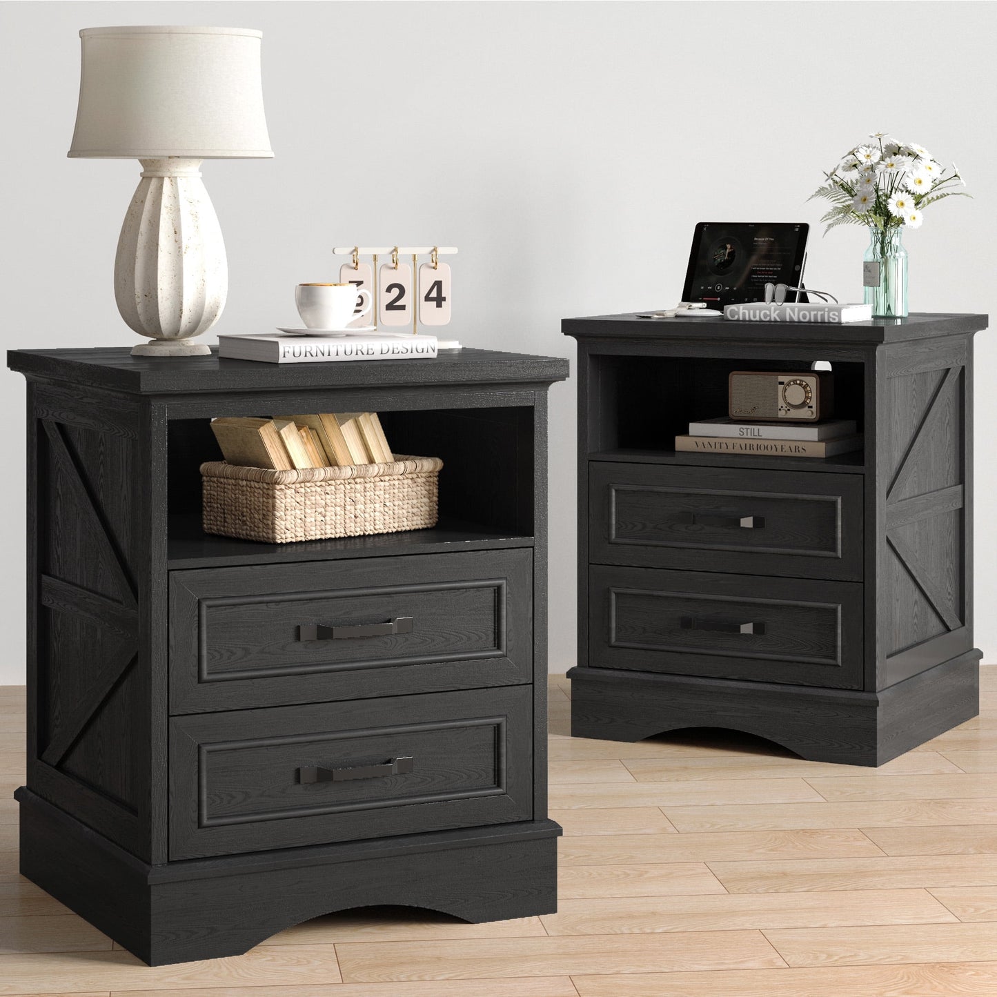 Lifezone 24” Farmhouse Rustic Nightstand - Antique Black , Charging Station, Drawers & Open Storage