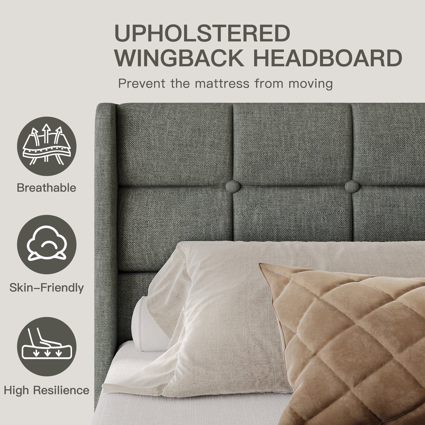 Lifezone King Linen Upholstered Storage Bed Frame with Button Tufted Wingback Headboard, Hydraulic Lift-up Under-Bed Storage, Gray