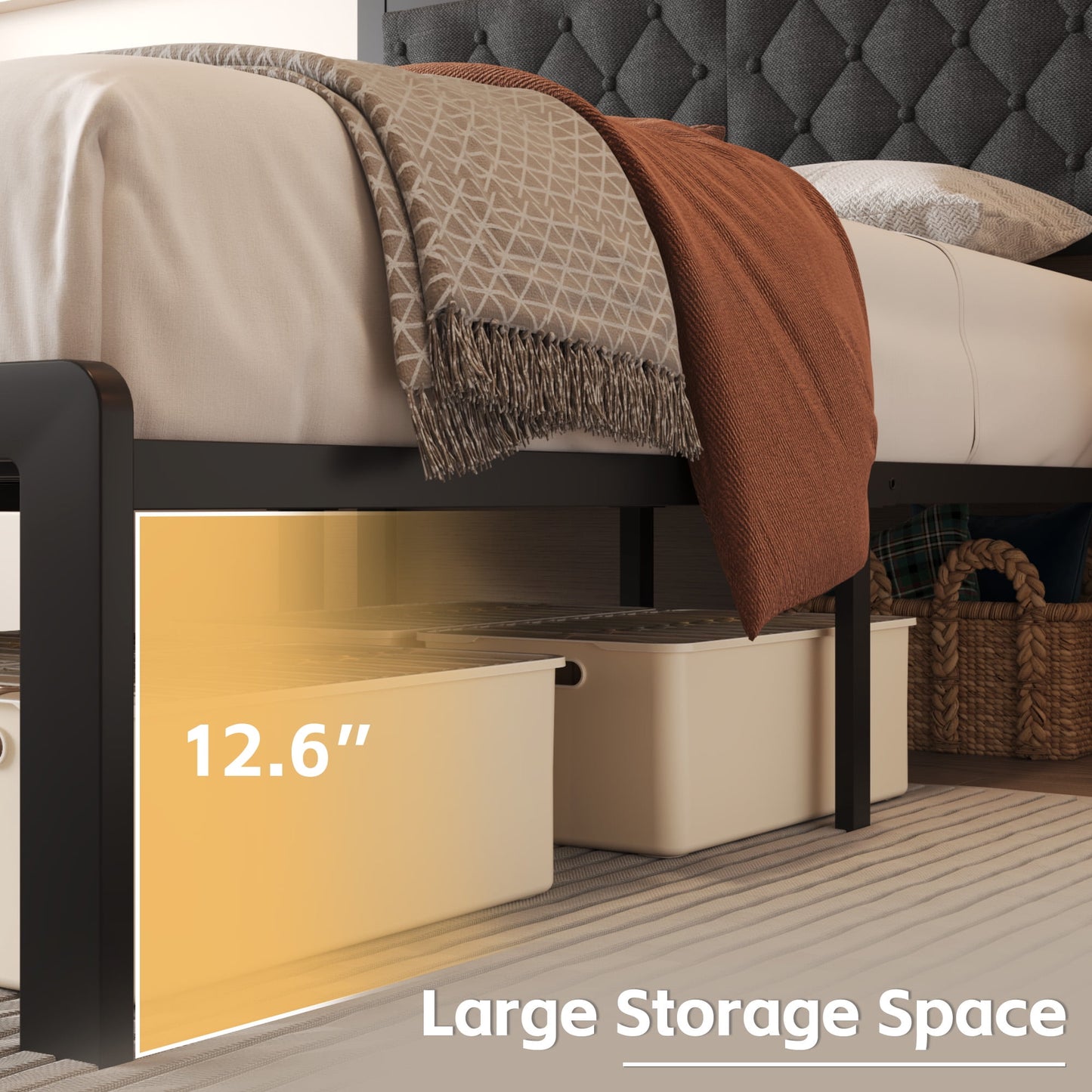 Lifezone Bed Frame with Linen Upholstered Headboard, Queen, Metal Support, No Box Spring Needed, Grey