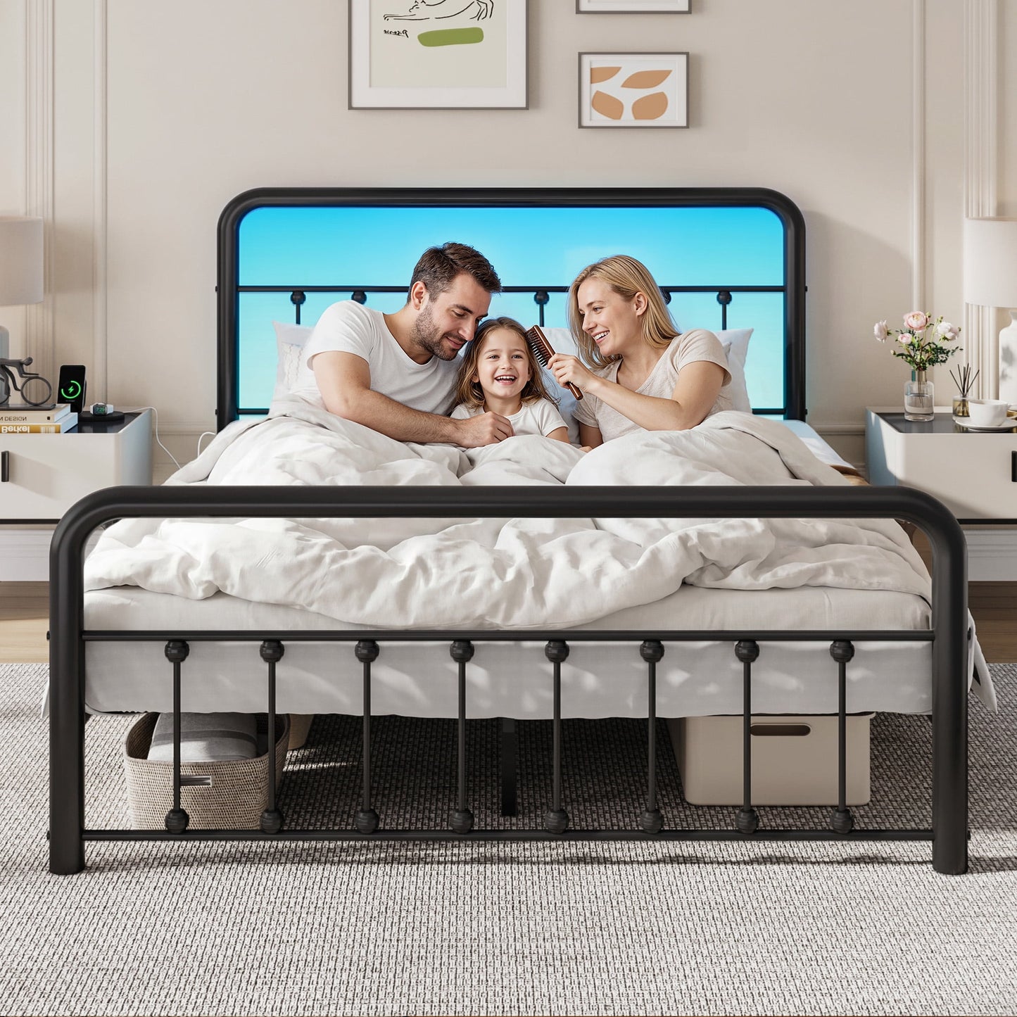 Lifezone Queen Bed Frame, Classic Metal Platform Bed Frame, with Charging Station and LED, No Need for Springs, Modern Black