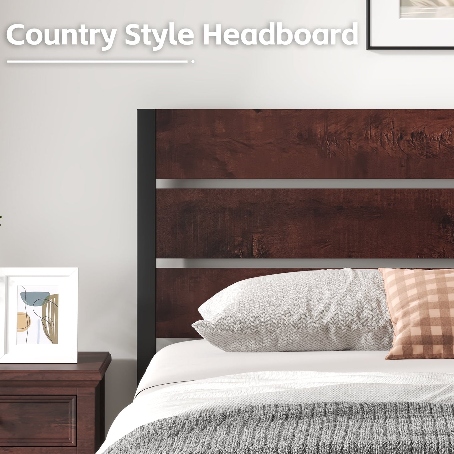 Lifezone Queen Bed Frame with Rustic Vintage Wood Headboard and Footboard,Metal Support, VintageBrown