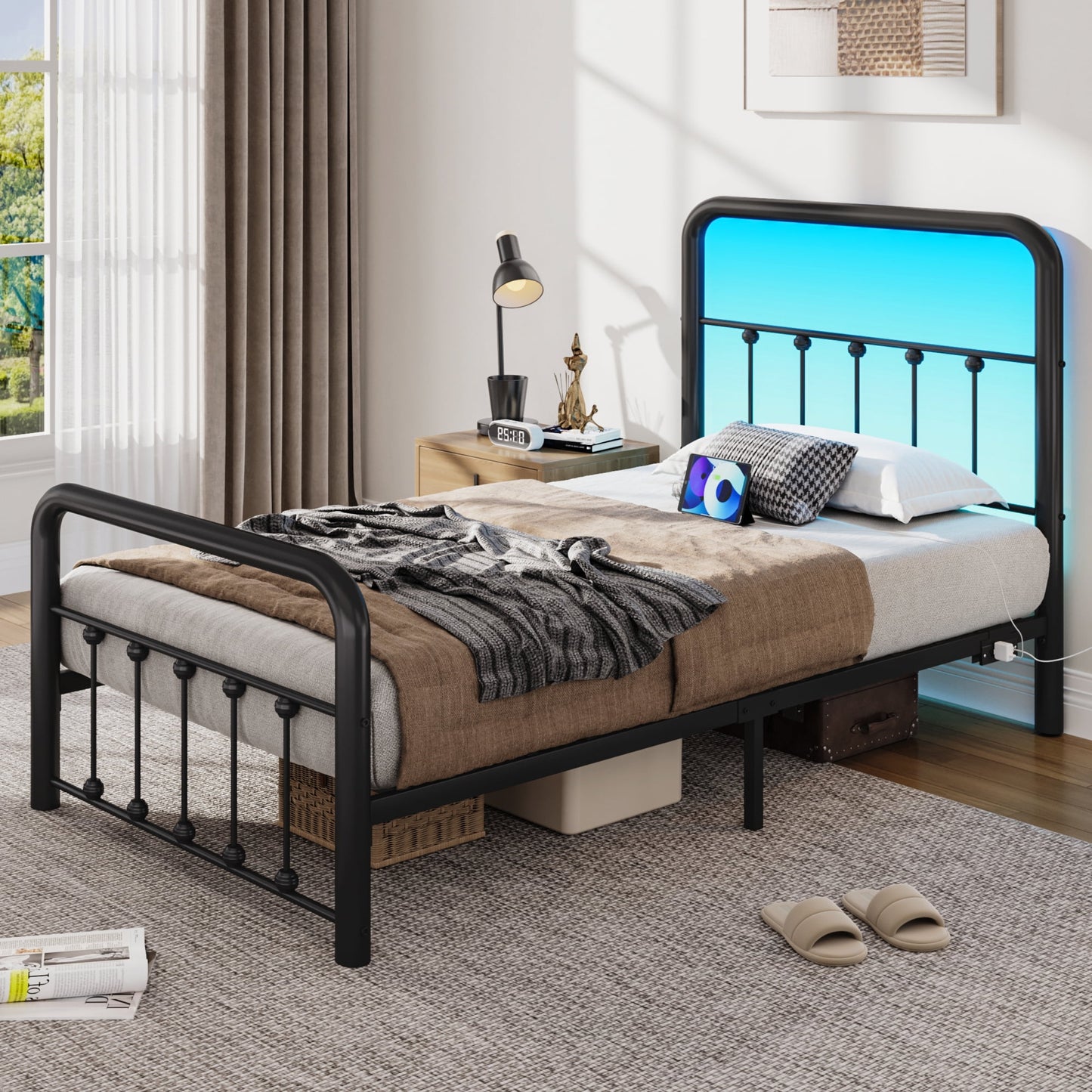 Lifezone Twin Bed Frame, Classic Metal Platform Bed Frame, with Charging Station and LED, No Need for Springs, Black