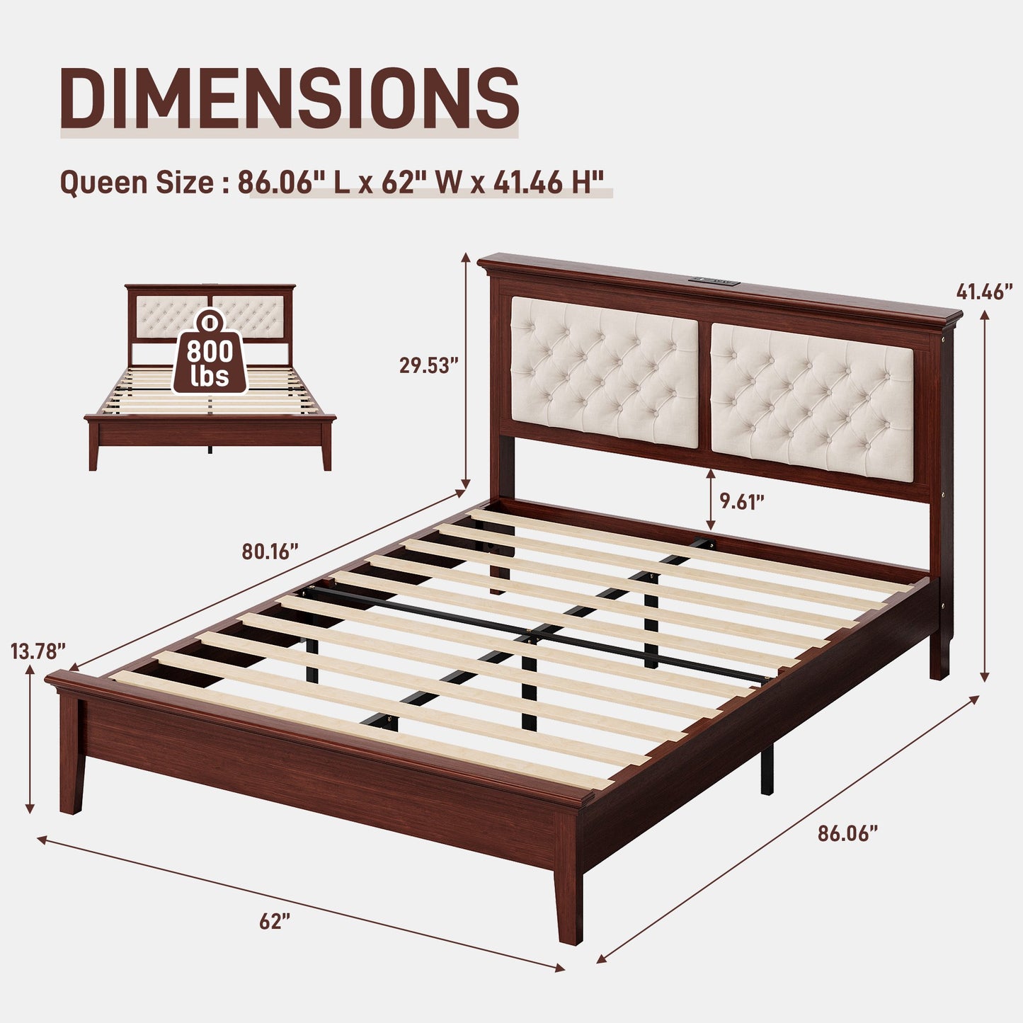 Lifezone Queen Solid Wood Platform Bed Frame, Diamond Tufted Upholstered Headboard with LED Lights, Noise-Free, Reddish Brown