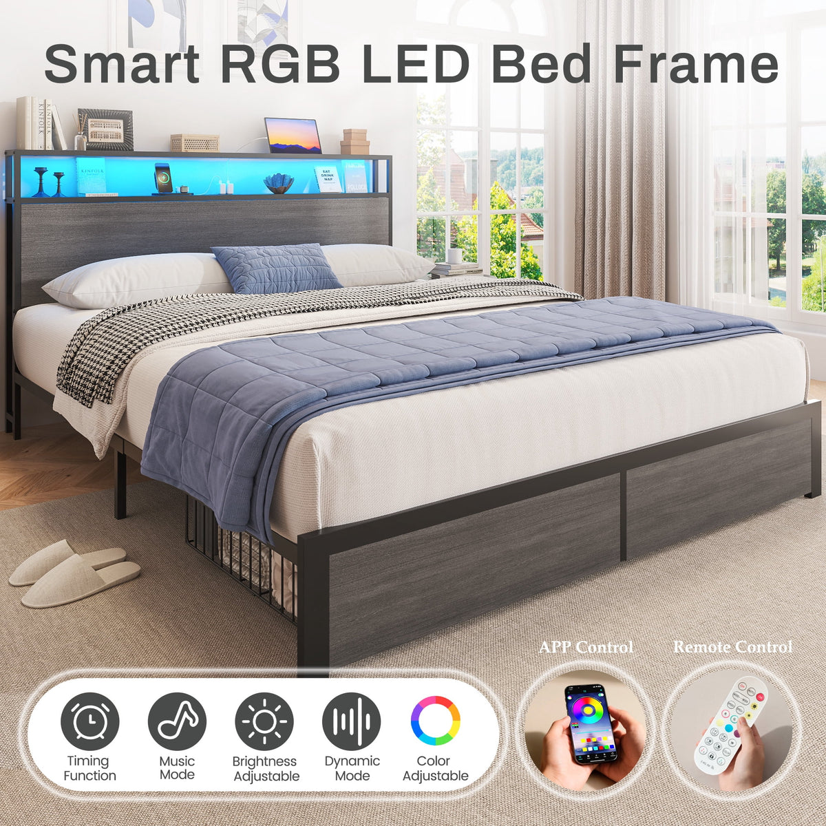 Lifezone Queen Bed Frame with 2-Tier Storage Headboard, Metal Bed Frame with Storage Drawers, Built-in Charging Station & LED Lights, Noise-Free, No Box Spring Needed, Easy Assembly, Rustic Grey