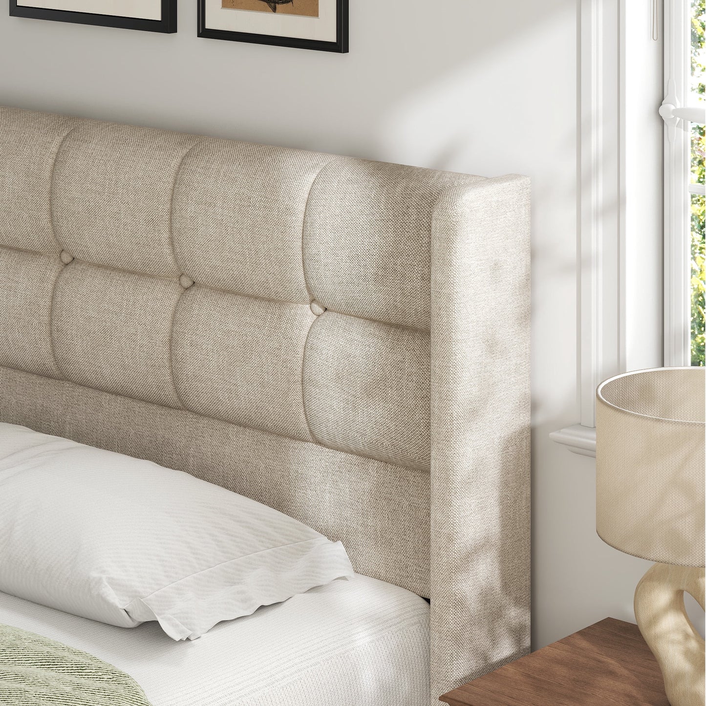 Lifezone King Linen Upholstered Storage Bed Frame with Button Tufted Wingback Headboard, Hydraulic Lift-Up Under-Bed Storage, Beige