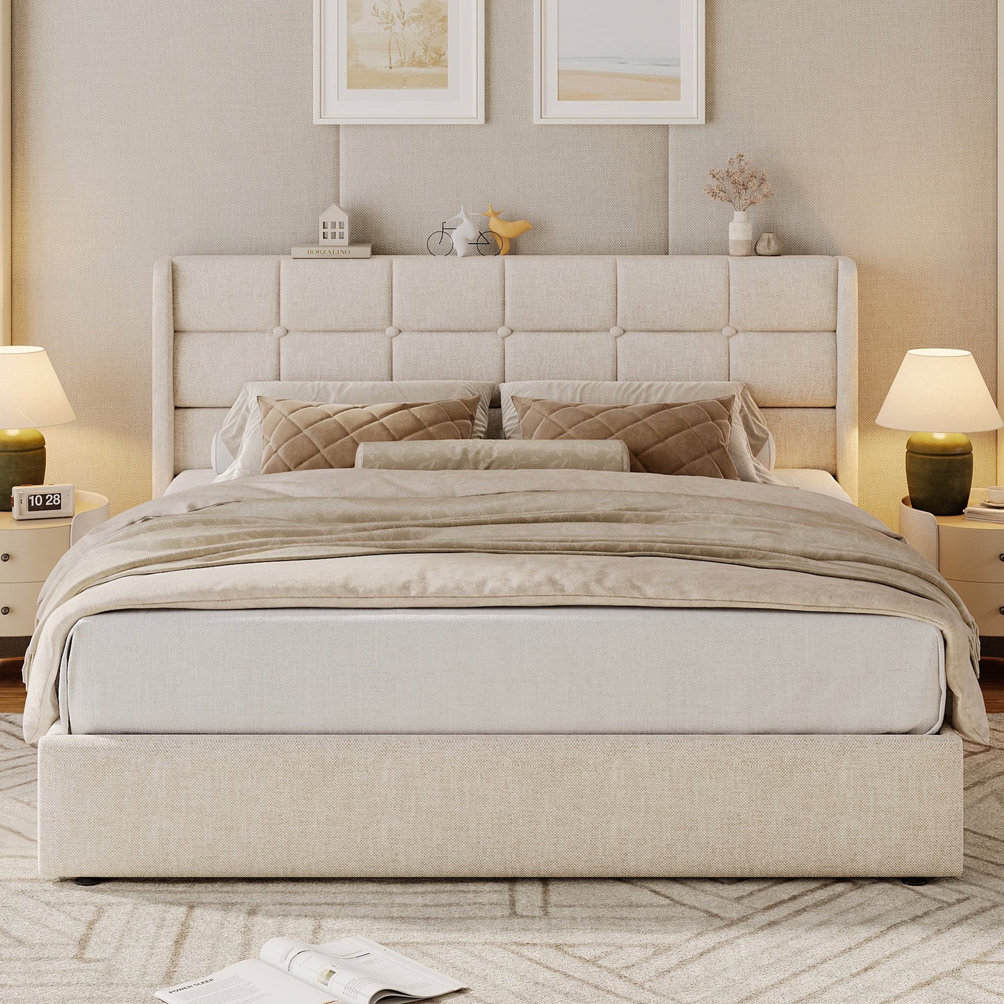 Lifezone Queen Size Upholstered Storage Bed Frame, Linen Button Tufted Wingback Headboard, Hydraulic Lift‑Up Under‑Bed Storage, Warm Beige