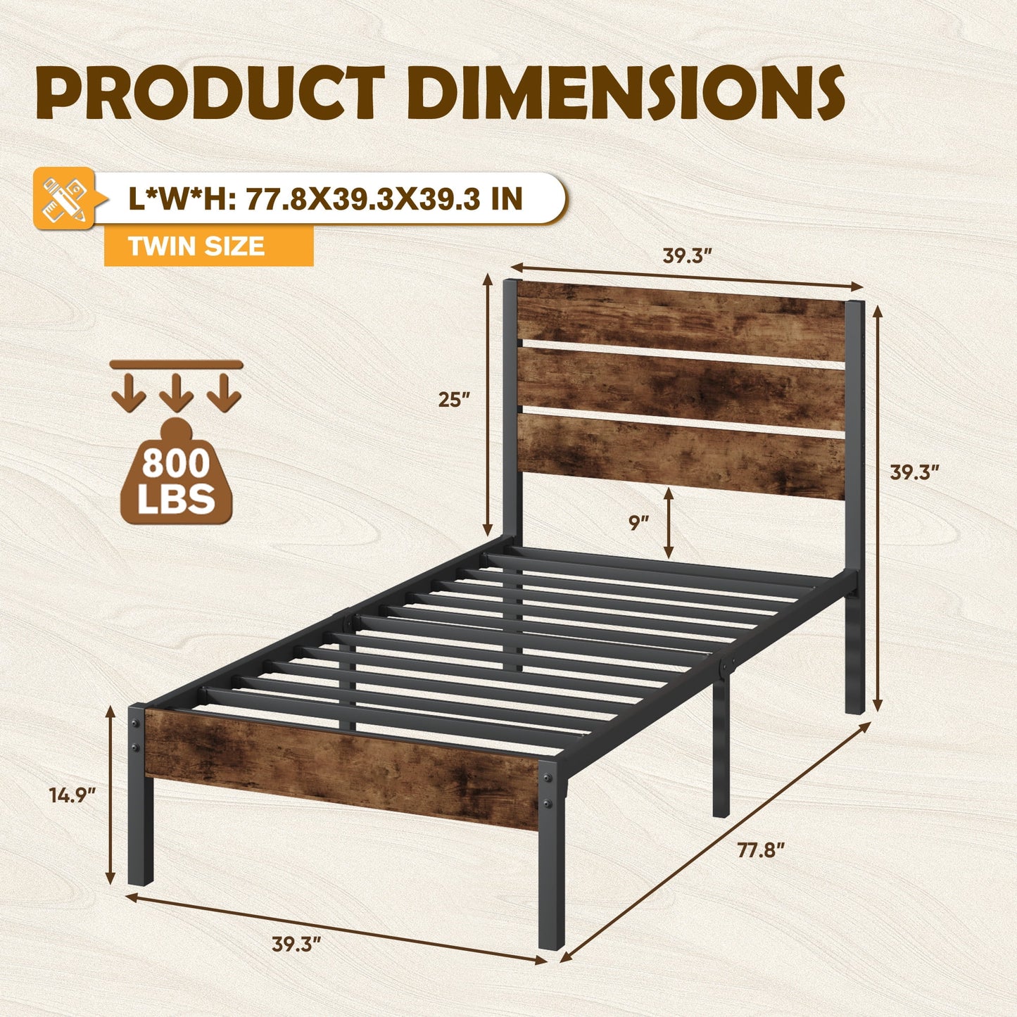 Lifezone Twin Bed Frame with Rustic Vintage Wood Headboard and Footboard,Metal Support,Rustic Brown