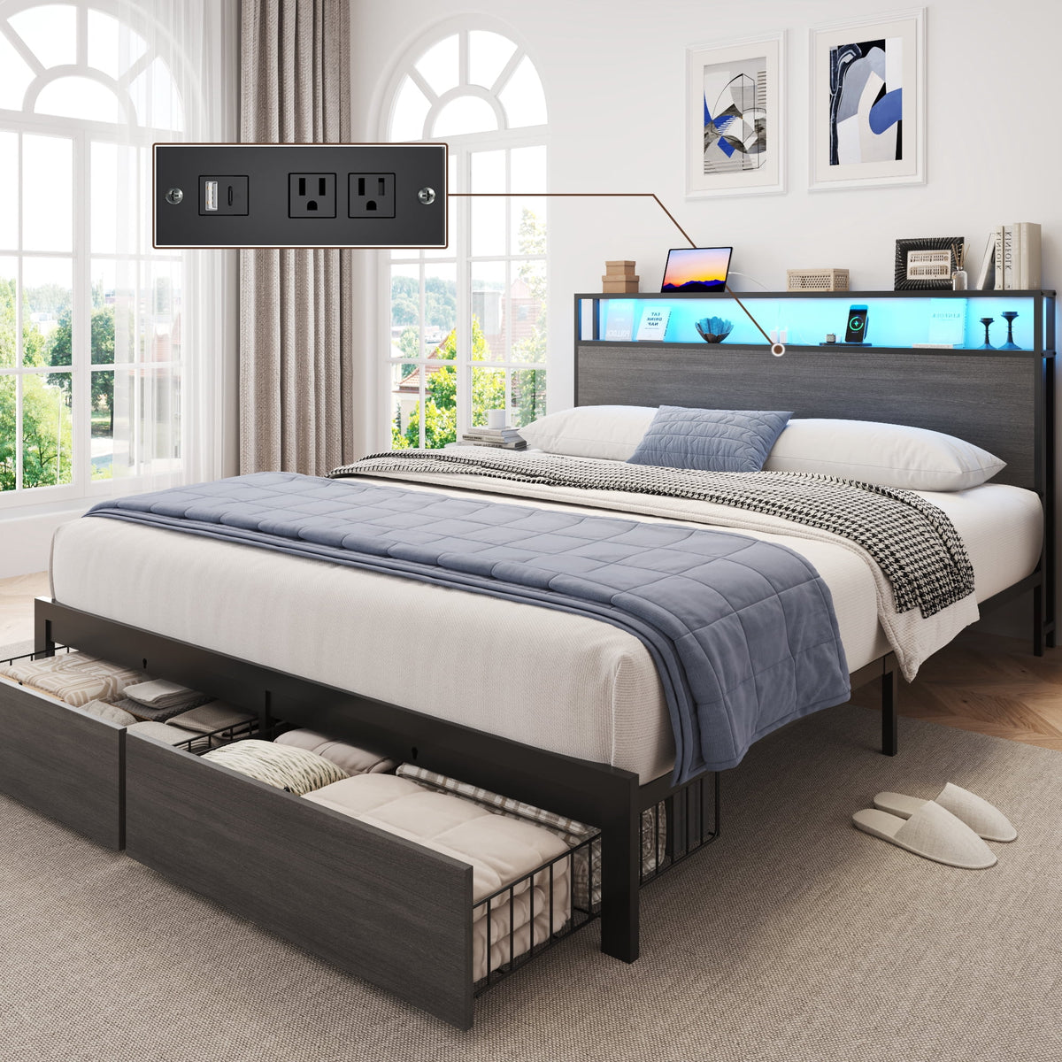 Lifezone Queen Bed Frame with 2-Tier Storage Headboard, Metal Bed Frame with Storage Drawers, Built-in Charging Station & LED Lights, Noise-Free, No Box Spring Needed, Easy Assembly, Rustic Grey