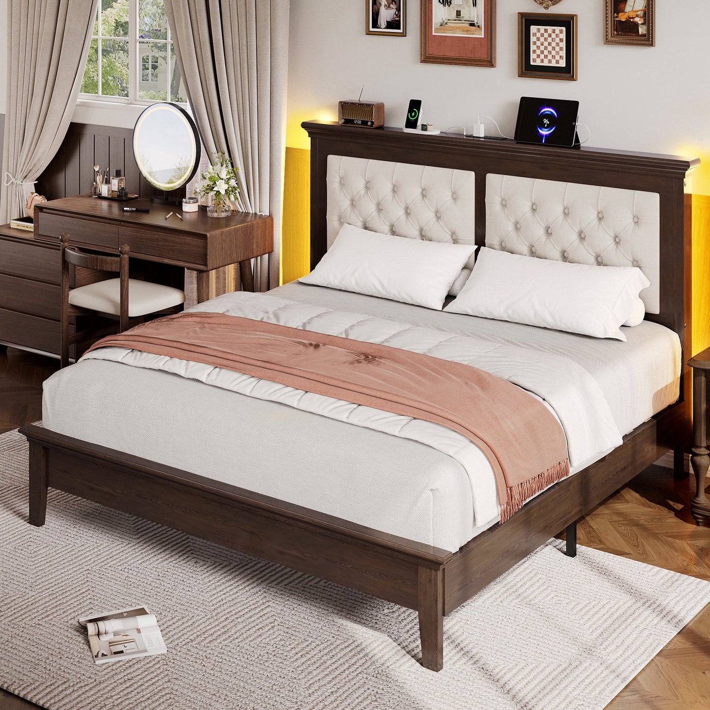 Lifezone Queen Solid Wood Platform Bed Frame, Tufted Headboard & Footboard with Charging Station, Noise-Free Walnut Brown Finish