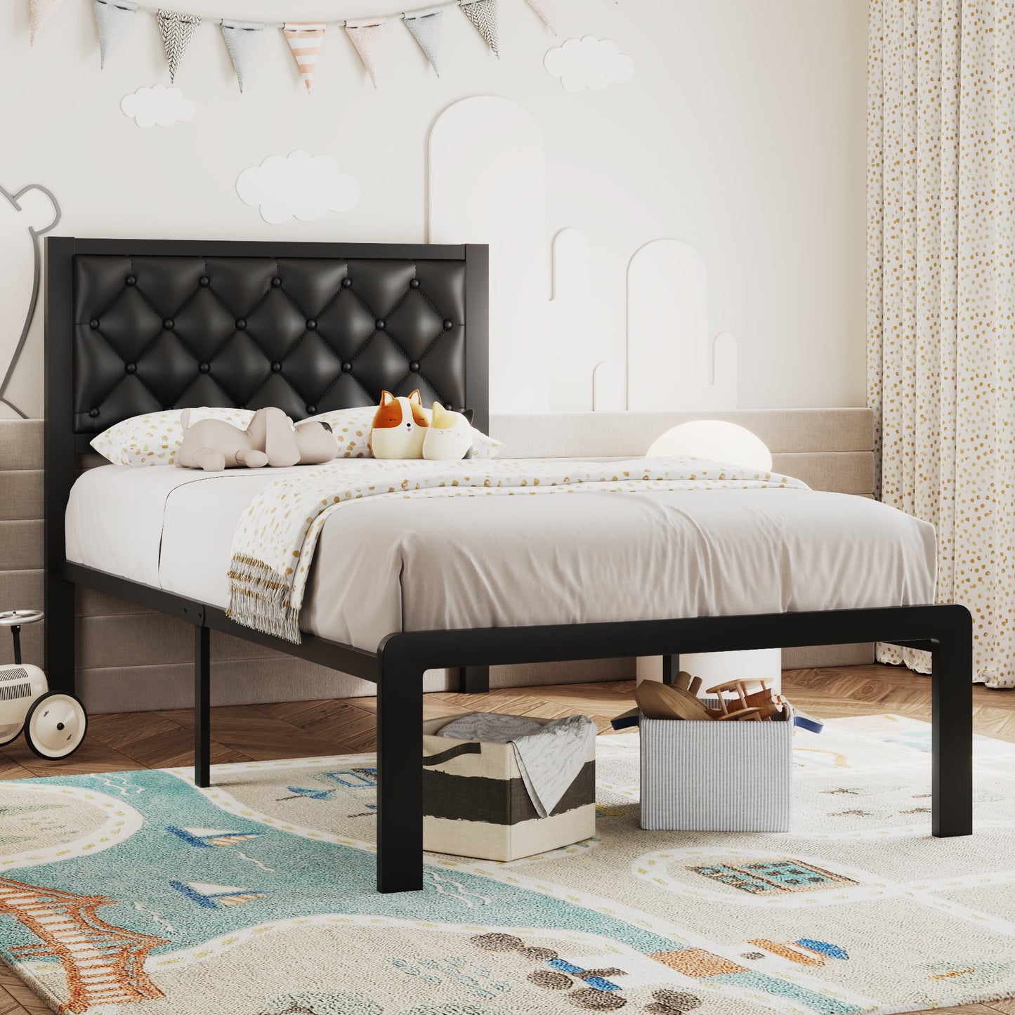 Lifezone Twin Bed Frame with Upholstered Headboard, Metal Support, No Box Spring Needed,Black
