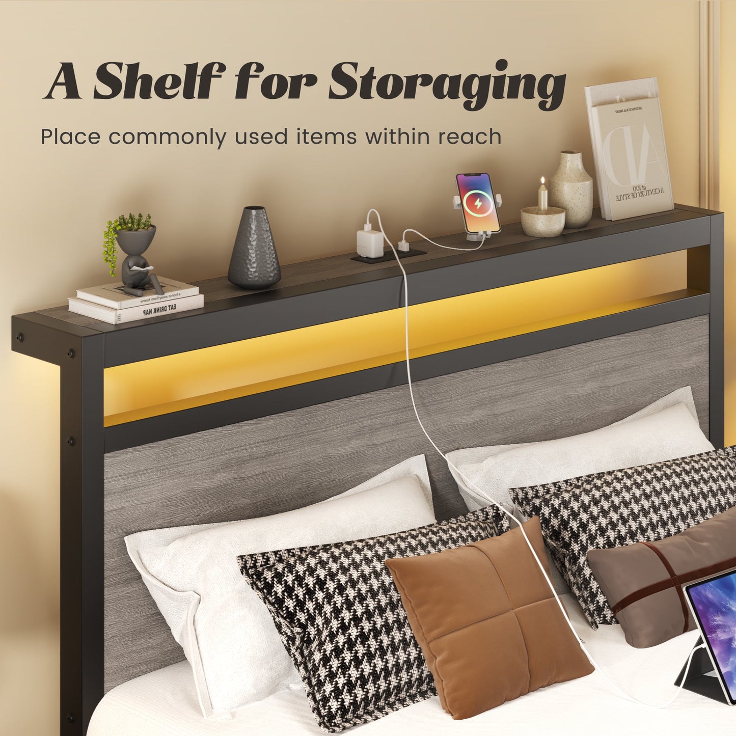Twin Bed Frame with Storage Headboard & Drawer, Charging Station & LED Light, No Box Spring Needed, Noise Free, Easy Assembly, Rustic Grey