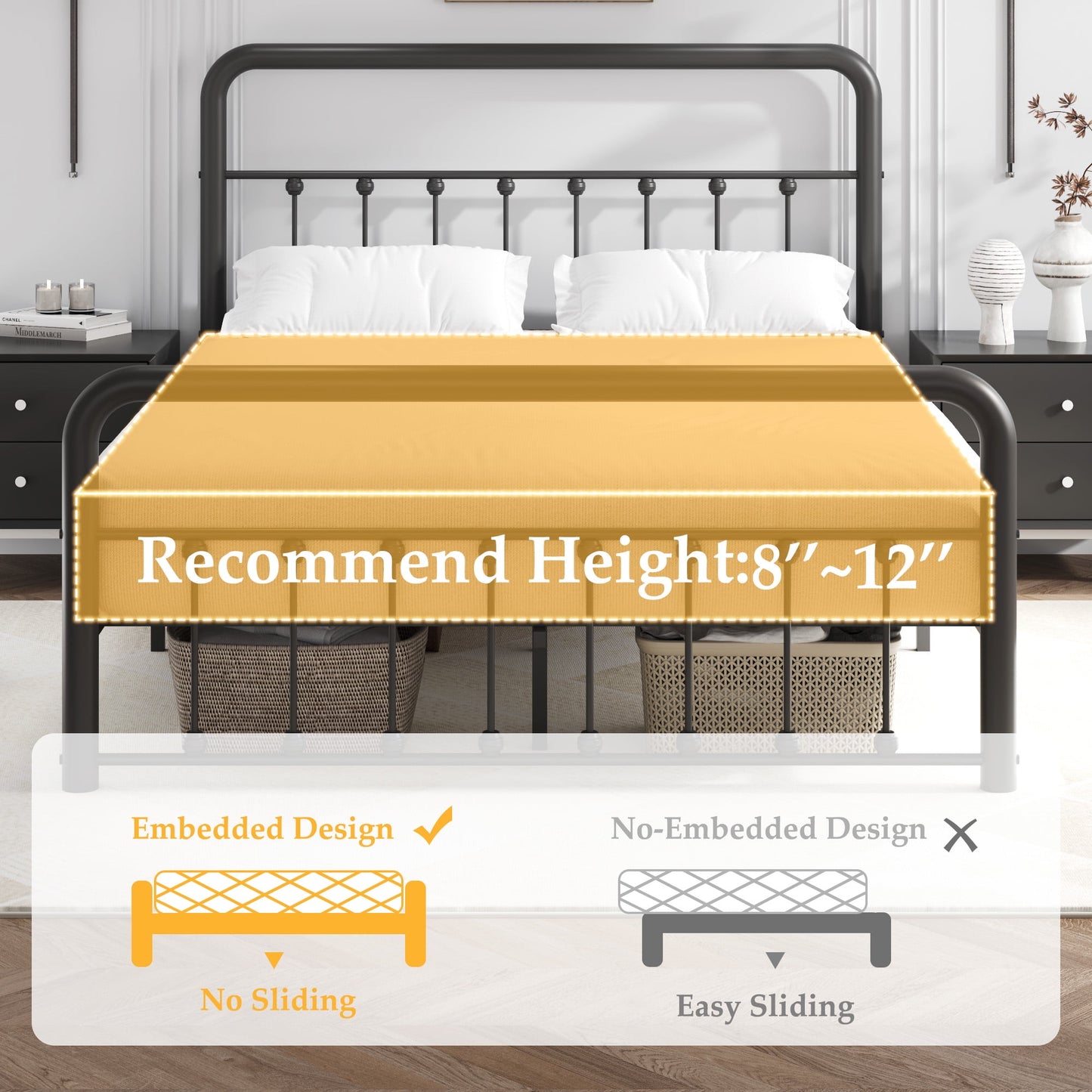Lifezone Queen Bed Frame, Classic Metal Platform Bed Frame, with Charging Station and LED, No Need for Springs, Black