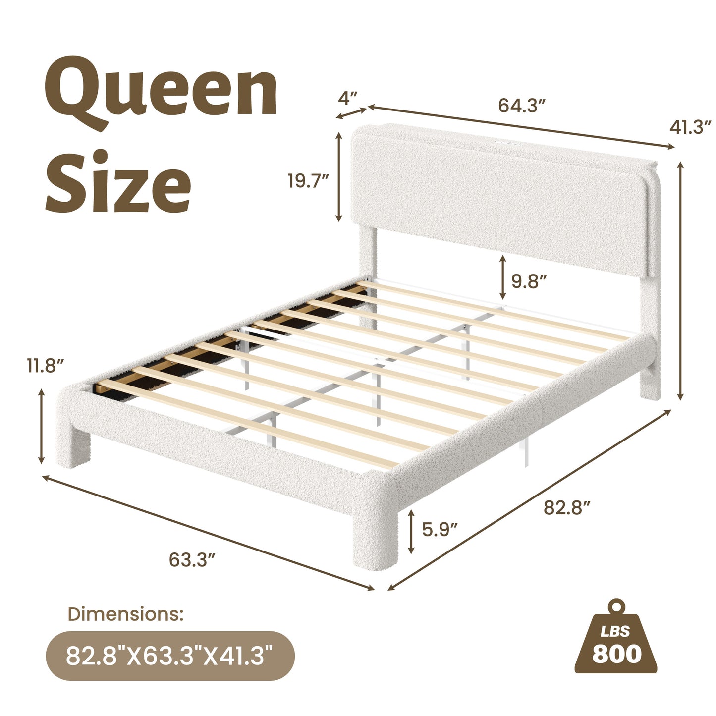 Lifezone Queen Bed Frame with Charging Station & LED Lights, Boucle Upholstered Cloud Bed with Headboard and Shelf, Noise Free, Sturdy Metal Support, No Box Spring Needed, Soft Rounded Corners, Beige