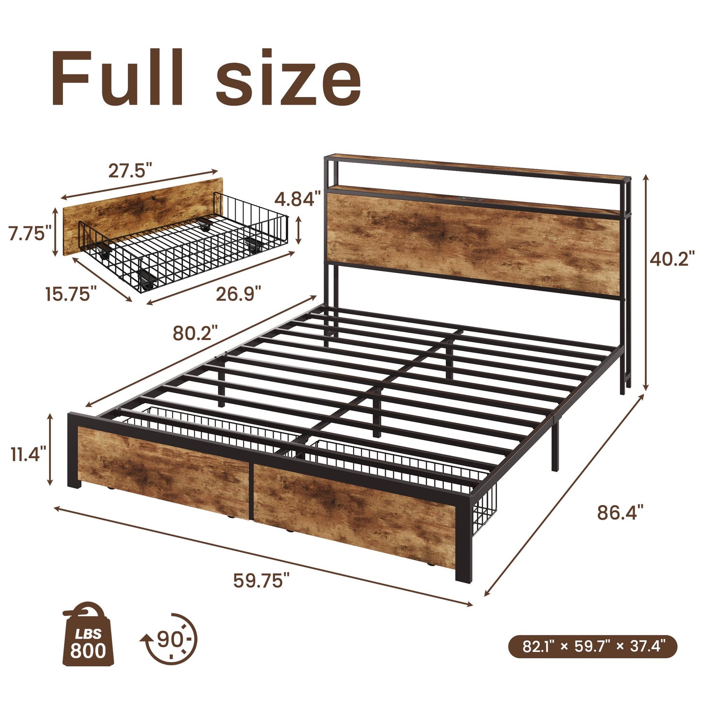 Lifezone Full Bed Frame with Headboard and Storage,2-Tier Storage Headboard & Foot-Board Drawers, Rustic Brown