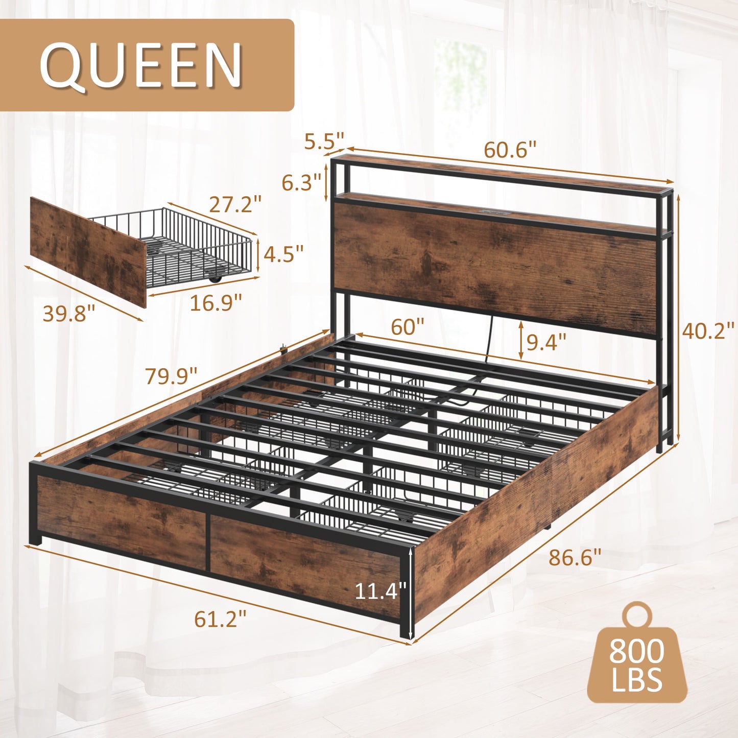Lifezone Queen Bed Frame with Headboard Platform Bed with Charging Station & LED, 4 Storage Drawers, Metal Support, Vintage Brown