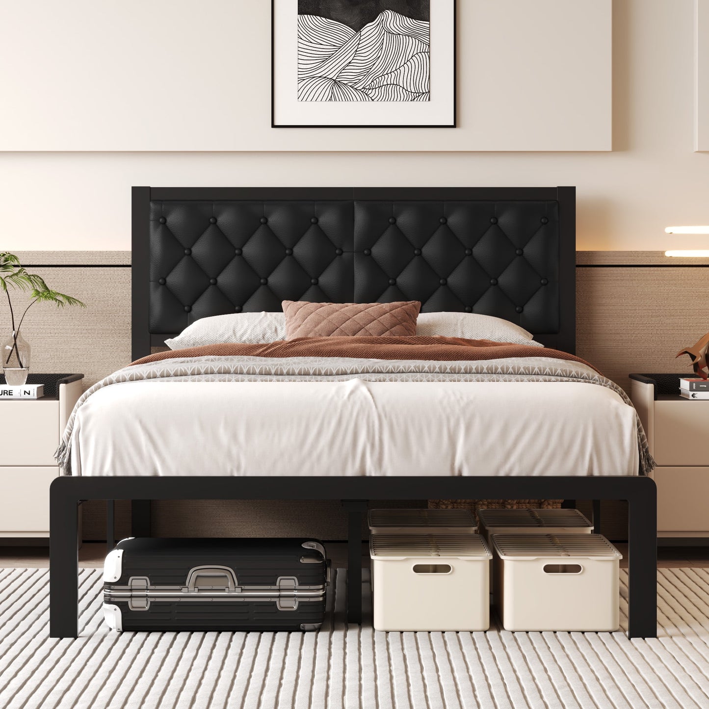 Lifezone Bed Frame with Upholstered Headboard, Queen, Metal Support, No Box Spring Needed, Black