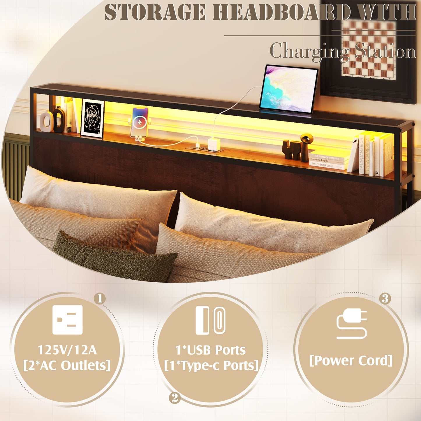 Lifezone Full Size Bed Frame with 2-Tier Bookcase Headboard Platform Bed with Charging Station & LED, 4 Storage Drawers, Metal Support, No Box Spring Needed, Noise Free, Brown