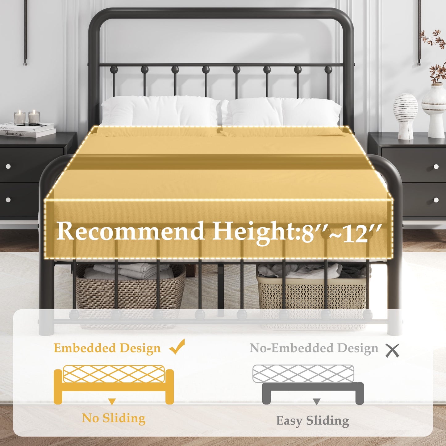 Lifezone Full Bed Frame, Classic Metal Platform Bed Frame, with Charging Station and LED, No Need for Springs, Black