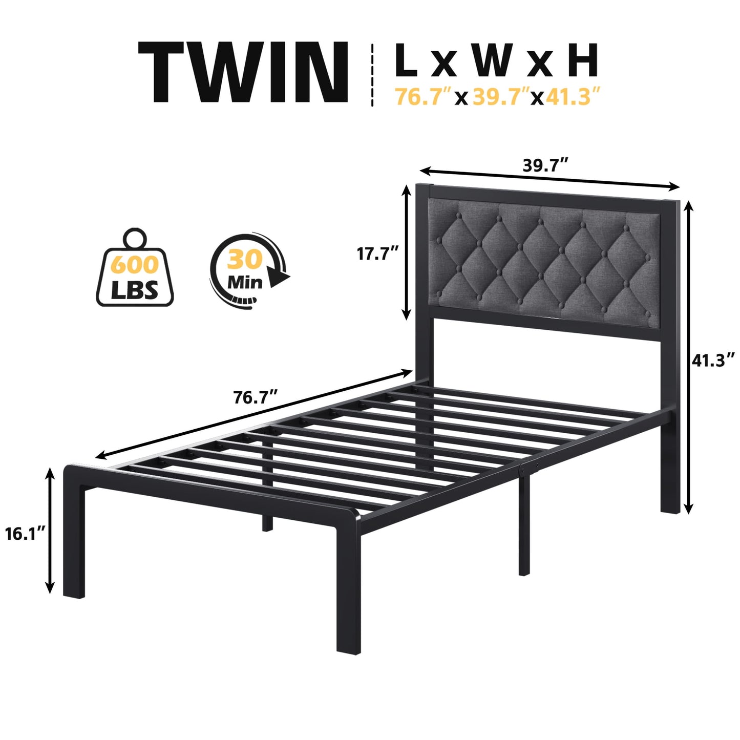Lifezone Bed Frame with Linen Upholstered Headboard, Twin, Metal Support, No Box Spring Needed, Noise Free, Under Bed Storage, Easy Assembly, Grey