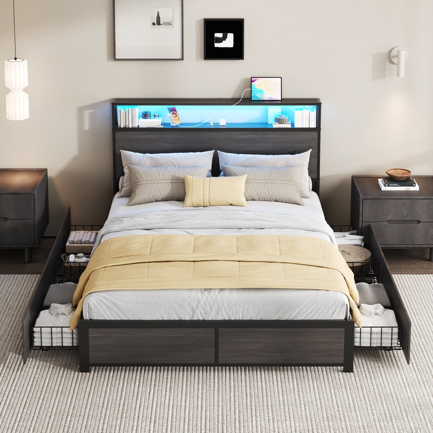 LIFEZONE Rustic Full Size Medium Density Fiberboard Platform Bookcase Bed with 4 Drawers, Grey