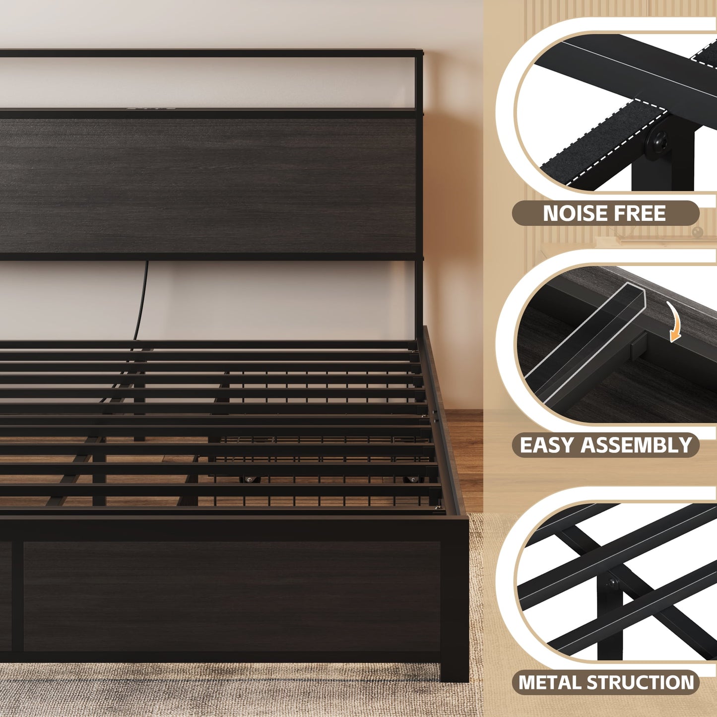 Lifezone Queen Size Bed Frame with 2-Tier Bookcase Headboard Platform Bed with Charging Station & LED, 4 Storage Drawers, Metal Support, No Box Spring Needed, Noise Free, Grey