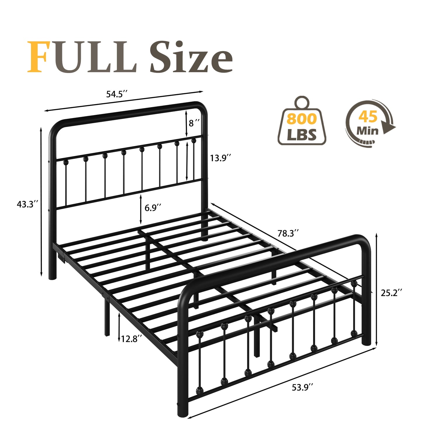 Lifezone Full Bed Frame, Classic Metal Platform Bed Frame, with Charging Station and LED, No Need for Springs, Black