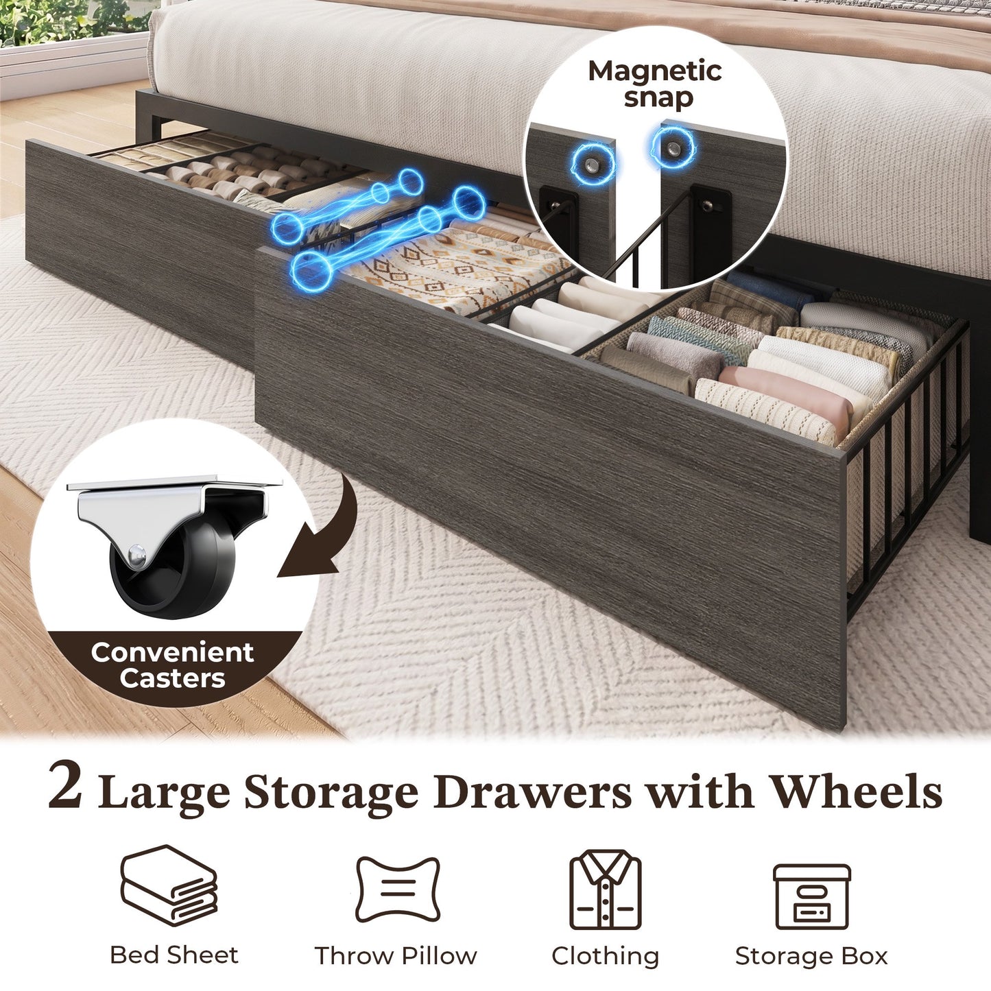 Lifezone Queen Storage Bed Frame with 2 Drawers, Bookcase Headboard & Charging Station, No Box Spring Needed, Gray