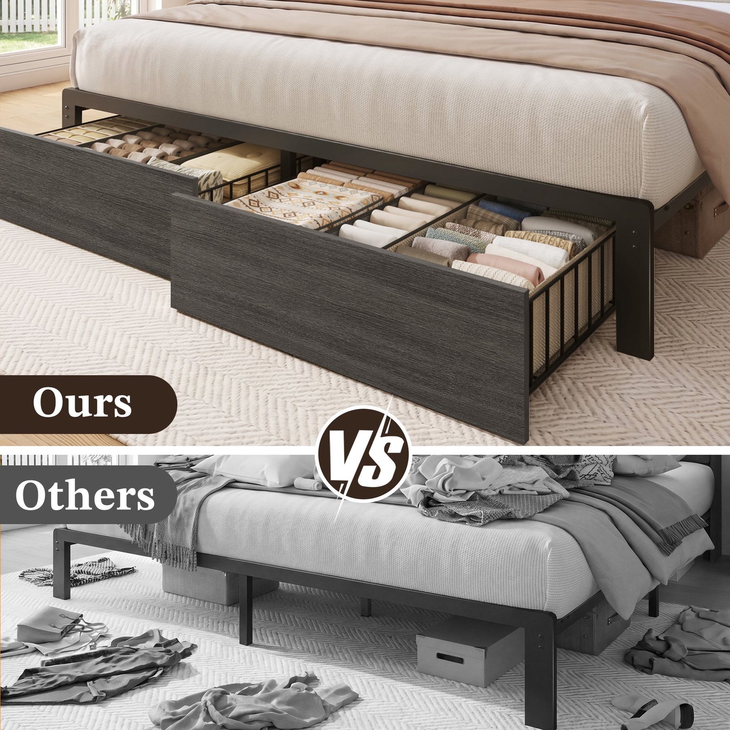 Lifezone Queen Storage Bed Frame with 2 Drawers, Bookcase Headboard & Charging Station, No Box Spring Needed, Gray