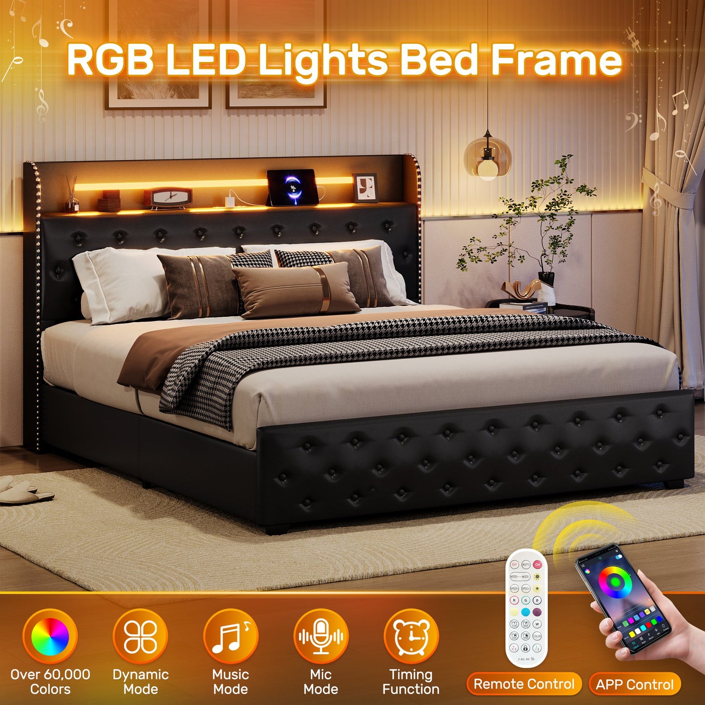 Lifezone Queen Size Upholstered Platform Bed Frame, Faux Leather Windback Headboard with Storage, 4 Drawers, LED Lights & Charging Station, Metal Slat Support, No Box Spring Required, Black
