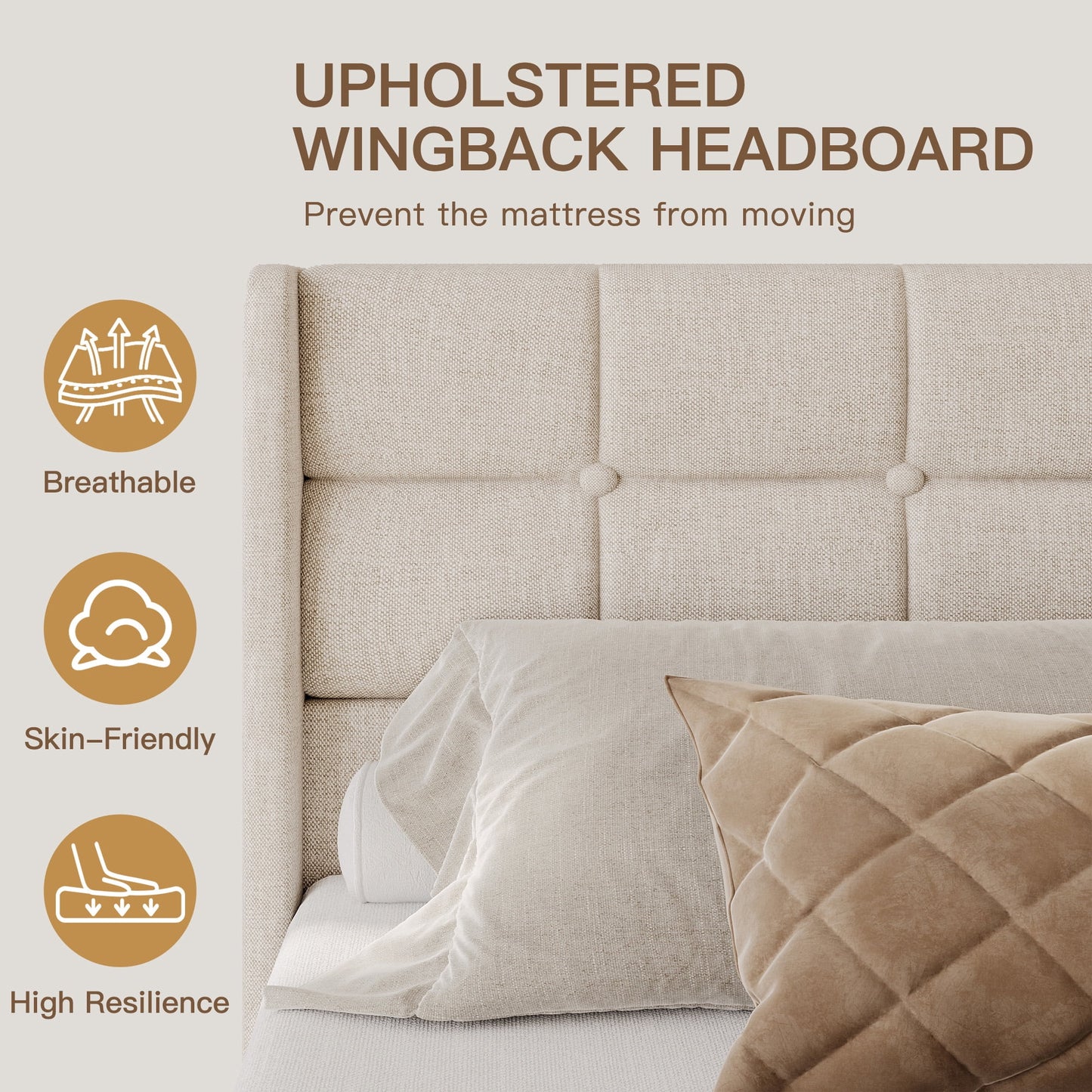 Lifezone Queen Size Upholstered Storage Bed Frame, Linen Button Tufted Wingback Headboard, Hydraulic Lift‑Up Under‑Bed Storage, Warm Beige