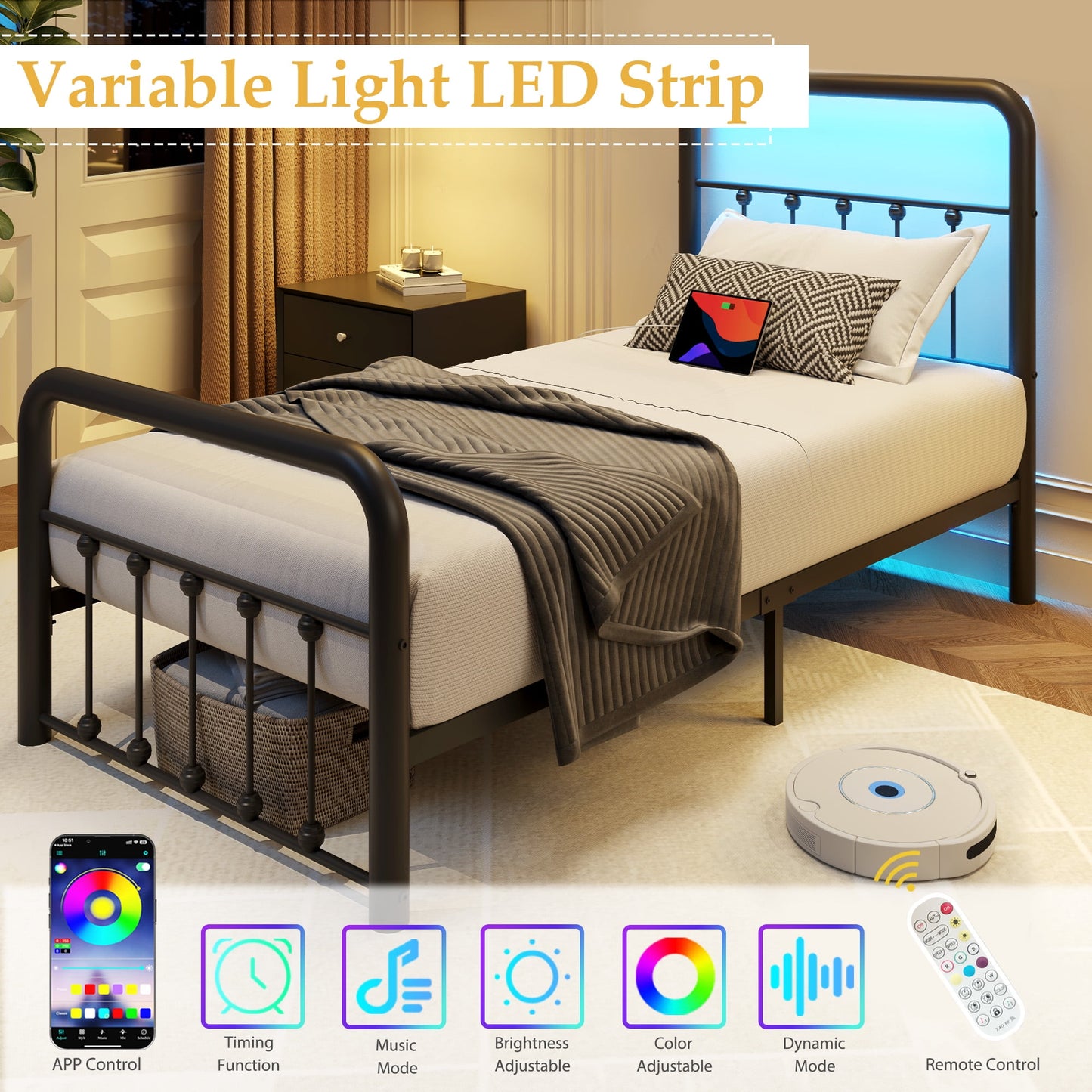 Lifezone Twin Bed Frame, Classic Metal Platform Bed Frame, with Charging Station and LED, No Need for Springs, Black