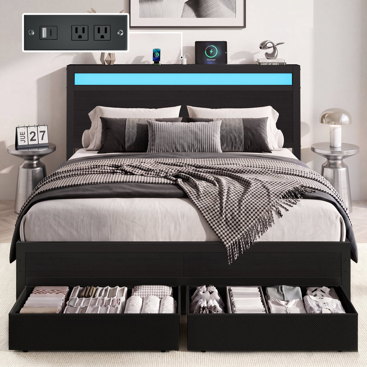 Lifezone Queen Bed Frame with Headboard, Bed Frame with Charging Station & LED Light, 2 Drawers, Storage Shelf, Noise-Free, No Box Spring Needed, Easy Assembly, Classic Black