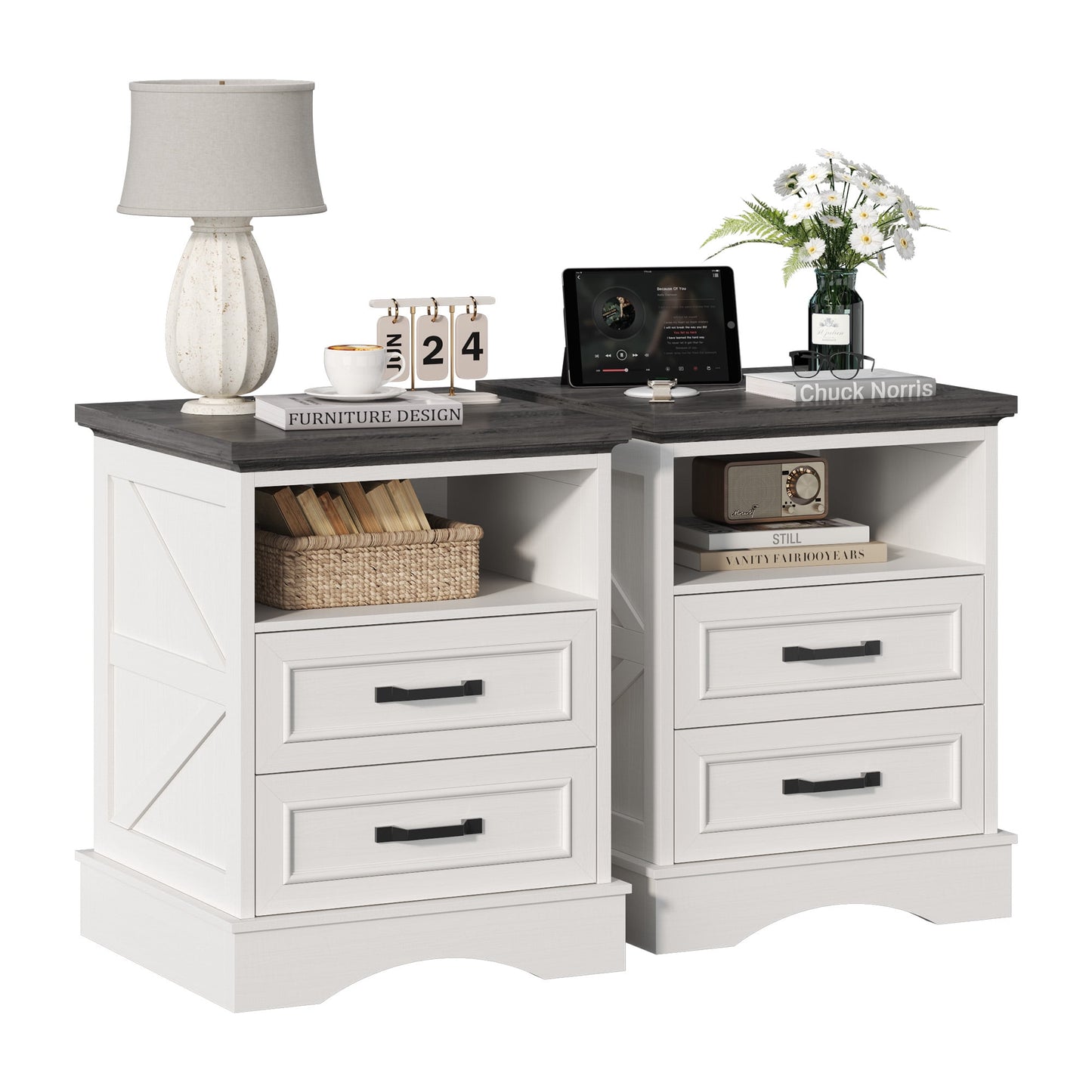 Lifezone 24” Farmhouse Rustic Nightstand - Antique White, Charging Station, Drawers & Open Storage