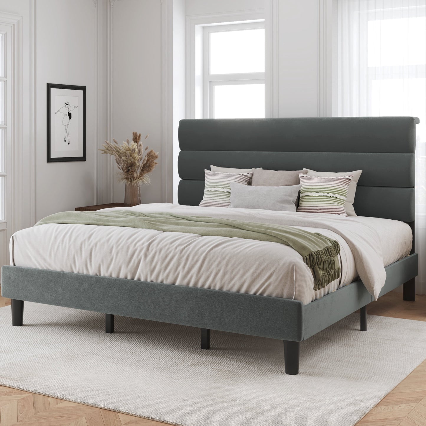 Lifezone King Bed Frame with Velvet Upholstered Headboard, Metal Support and No Box Spring