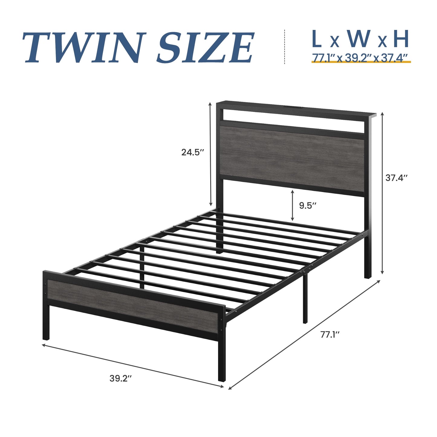 Twin Bed Frame with Headboard & Footboard, Charging Station & LED Light, Under-Bed-Storage, No Box Spring Needed, Noise Free, Easy Assembly, Rustic Gray