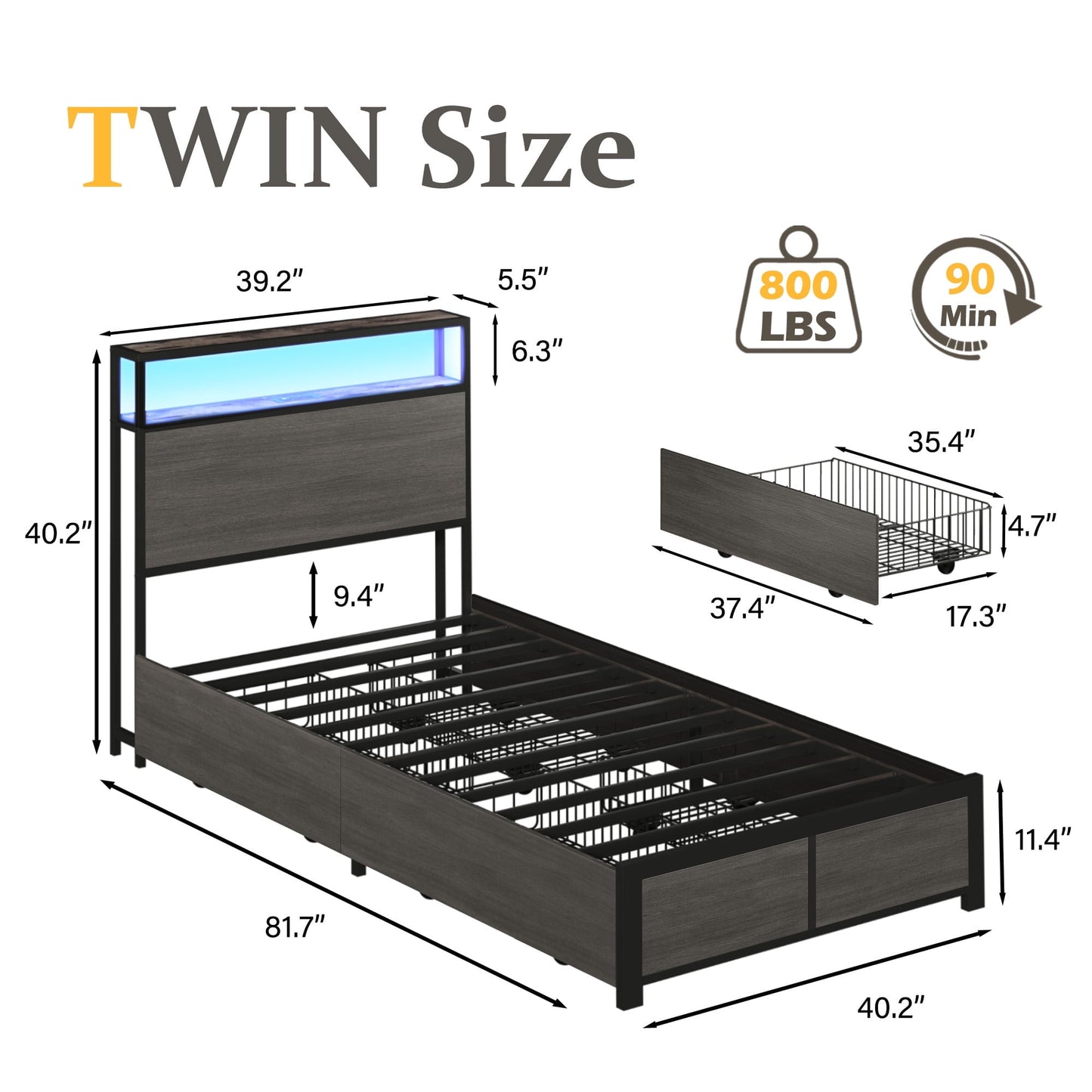 Lifezone Twin Bed Frame with Two-Tier Storage Headboard, USB Port and LED Light, Four Storage Drawers, Grey