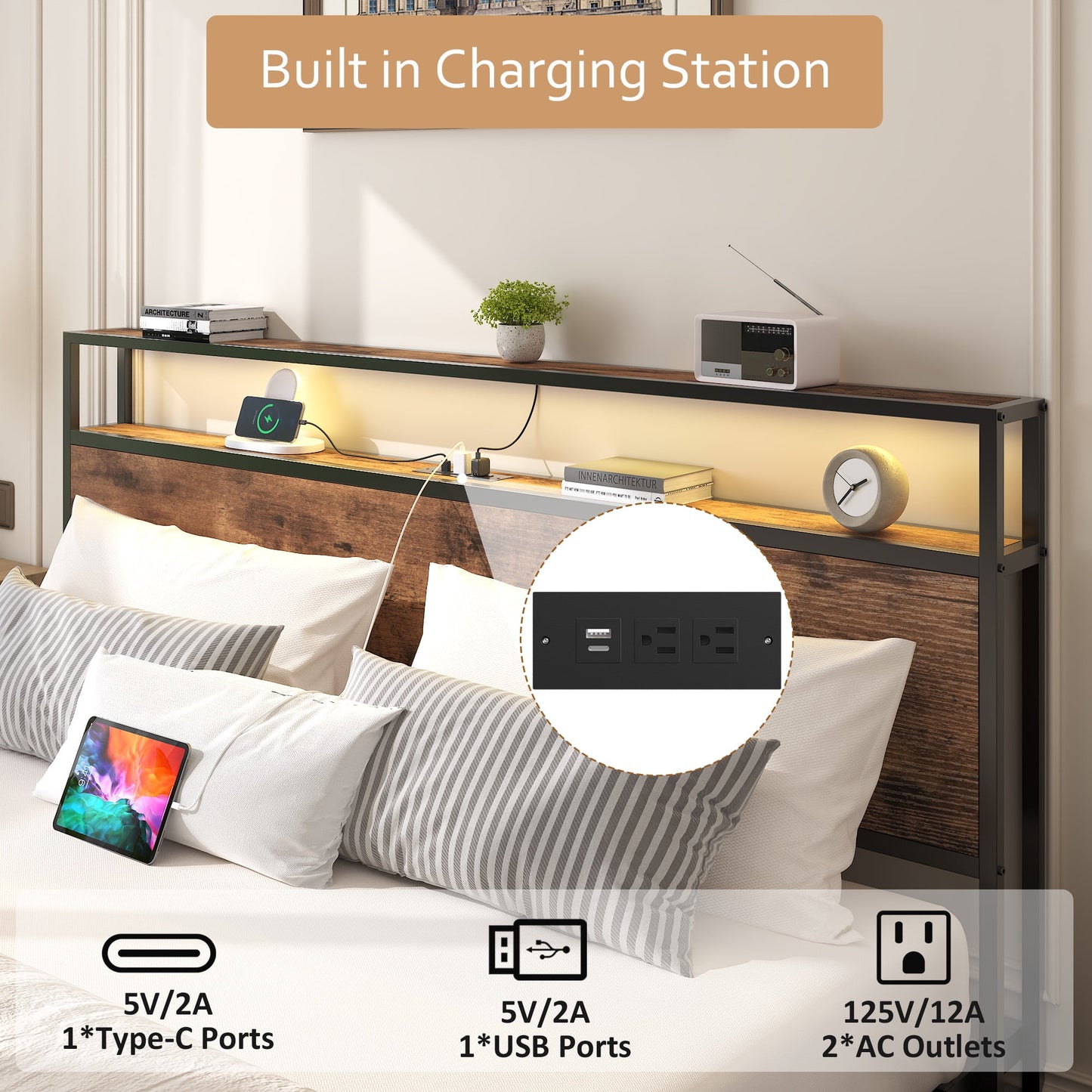 Lifezone Full Bed Frame with Headboard Charging Station Storage Drawer,Metal Support,Vintage Brown