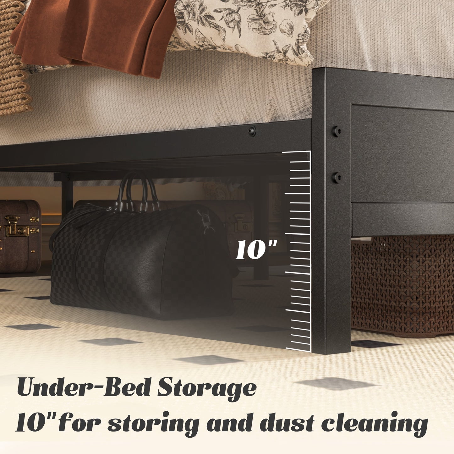 Queen Bed Frame with Headboard & Footboard, Bed Frame with Built-in Charging Station & LED Light, Storage Shelf, Noise-Free, No Box Spring Needed, Easy Assembly, Classic Black